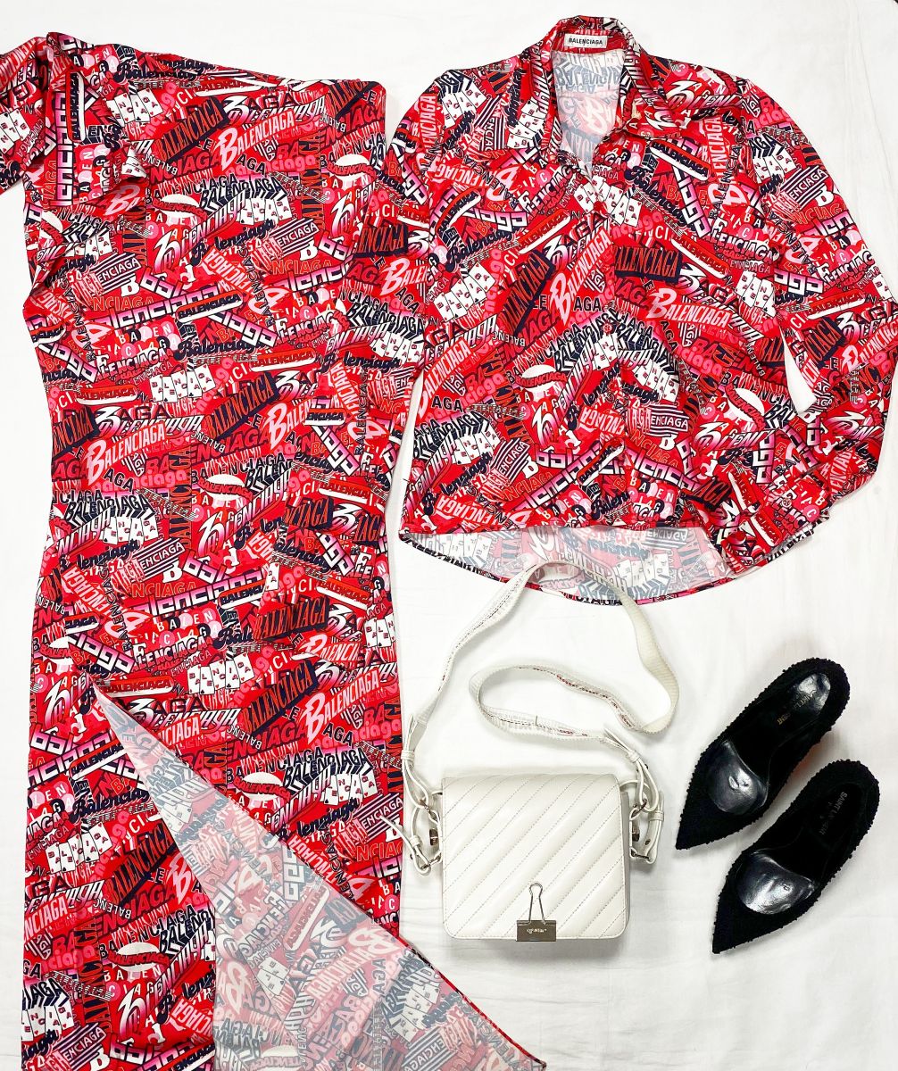 Костюм / платье + блузка / Balenciaga размер 40 цена 46 965 руб 
Туфли Saint Laurent размер 39.5 цена 23 483 руб 
Сумка Off White