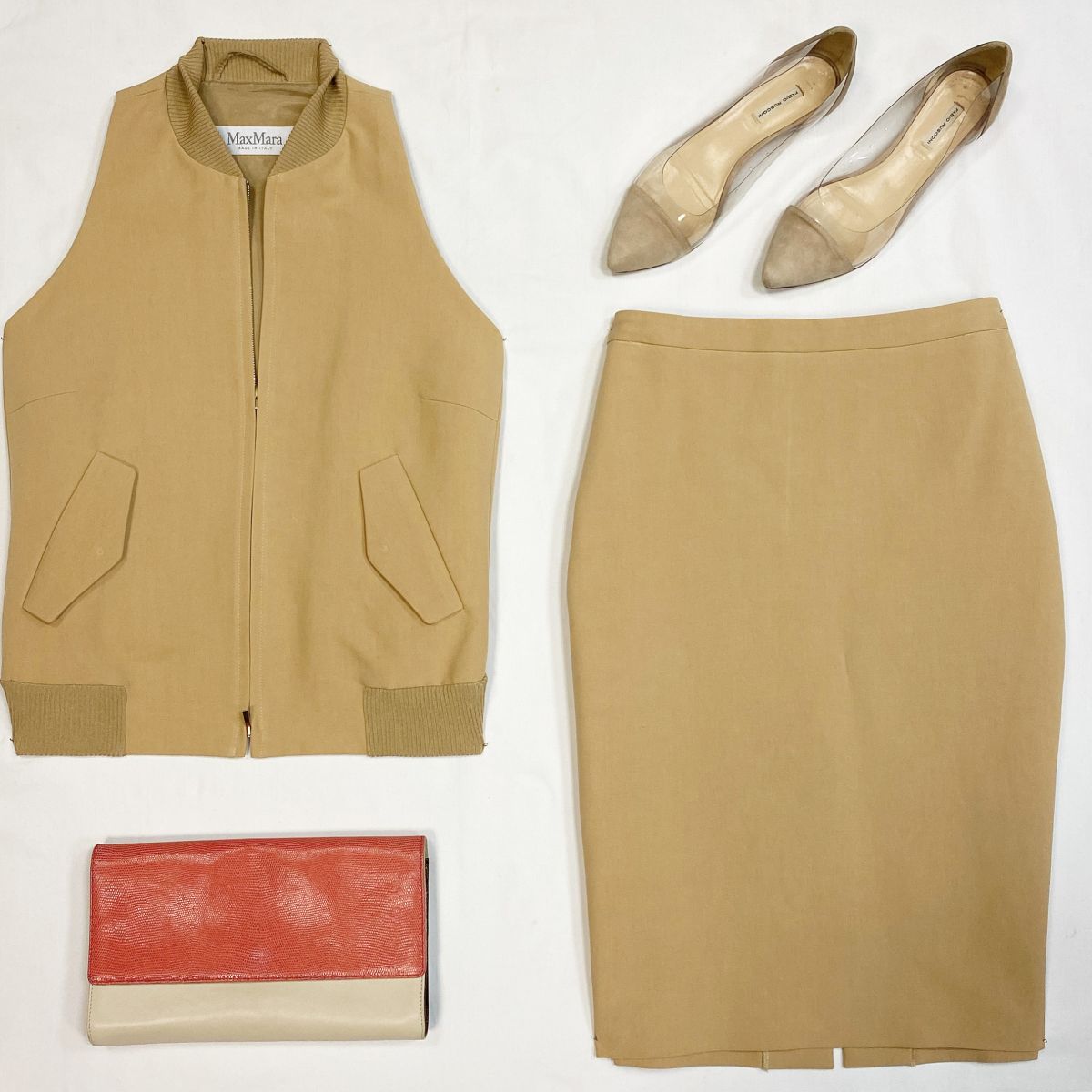 Костюм Жилет +Юбка Max Mara размер 46 цена 15 385 рубБалетки Fabio Rusconi размер 40 цена 4 616 рубКлатч Max Mara