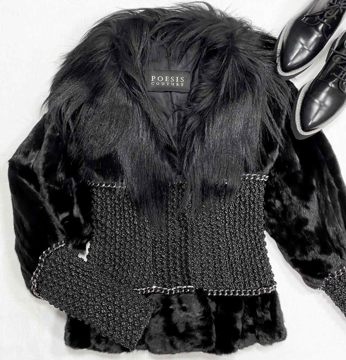 Куртка / мех каракульчи / отделка кожи / металл / Poesis Couture размер 38 цена 46 965 руб