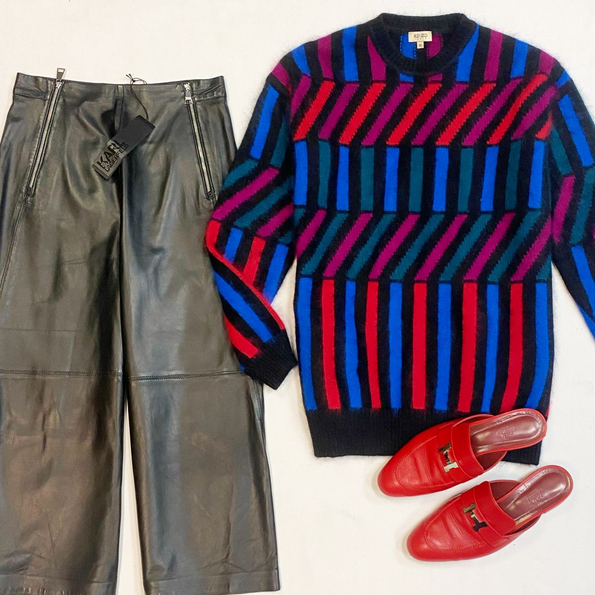 Кофта Kenzo размер M цена 9 231 рубБрюки /кожа/ Karl Lagerfeld размер 40 цена 15 385 рубМюли Hermes размер 41 цена 30 770 руб