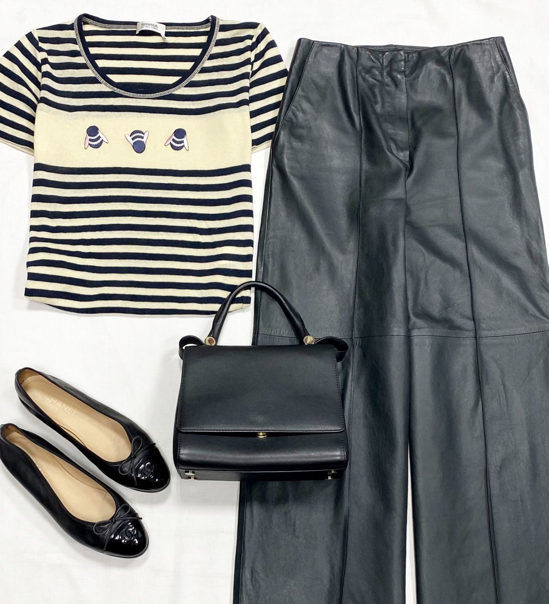 Брюки/ кожа/  Cos размер 34 цена 10 959 руб
Кофта Sonia Rykiel размер M цена 5 479 руб
Балетки Chanel размер 41 цена 23 483 руб
Сумка Max Mara 