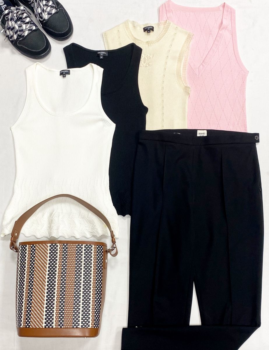 Брюки Hermes размер 38 цена 46 965 рубТопы Chanel размер 38/40 цена от 31 310 руб до 46 965 рубСумка Loro Piana