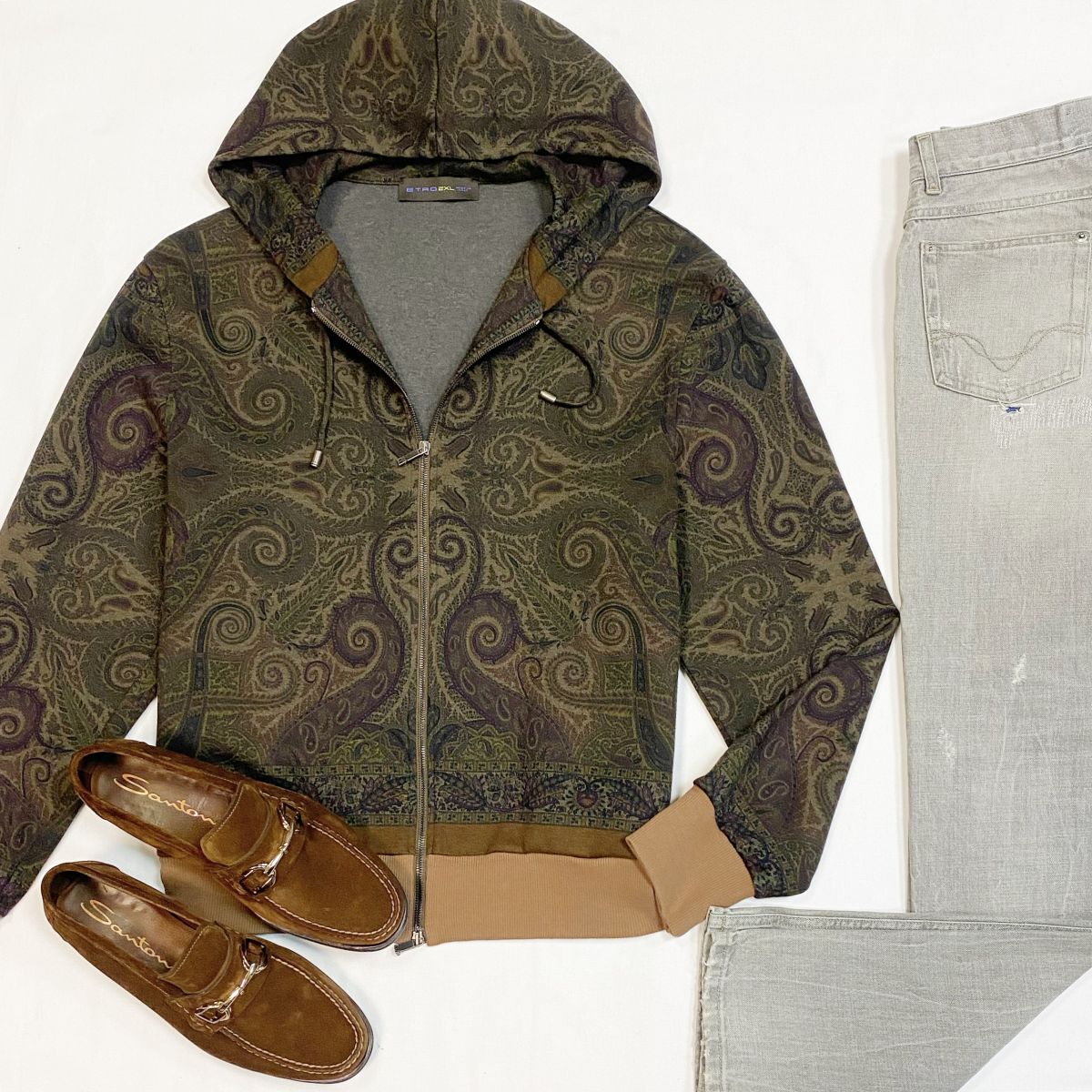 #mechtamen Толстовка Etro размер 2XL цена 7 693 рубДжинсы Dolce Gabbana размер 46 цена 4 616 рубЛоферы Santoni размер 42.5 цена 15 385 руб