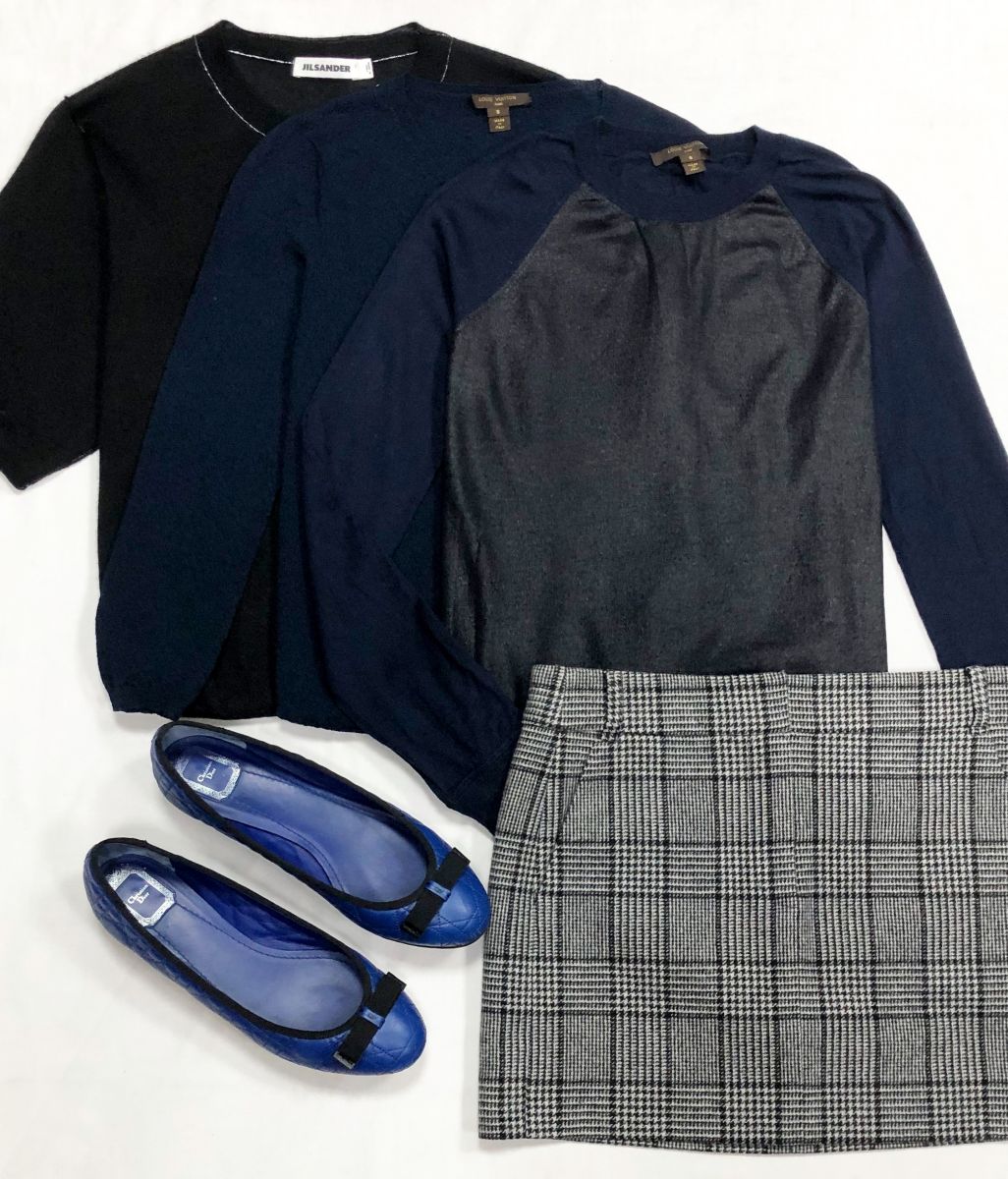 Кофты Jil Sander / Louis Vuitton размер 34/S цена от 7 828 руб до 15 655 руб
Юбка Tibi размер 2 цена 4 697 руб 
Балетки Christian Dior размер 41.5 цена 15 655 руб