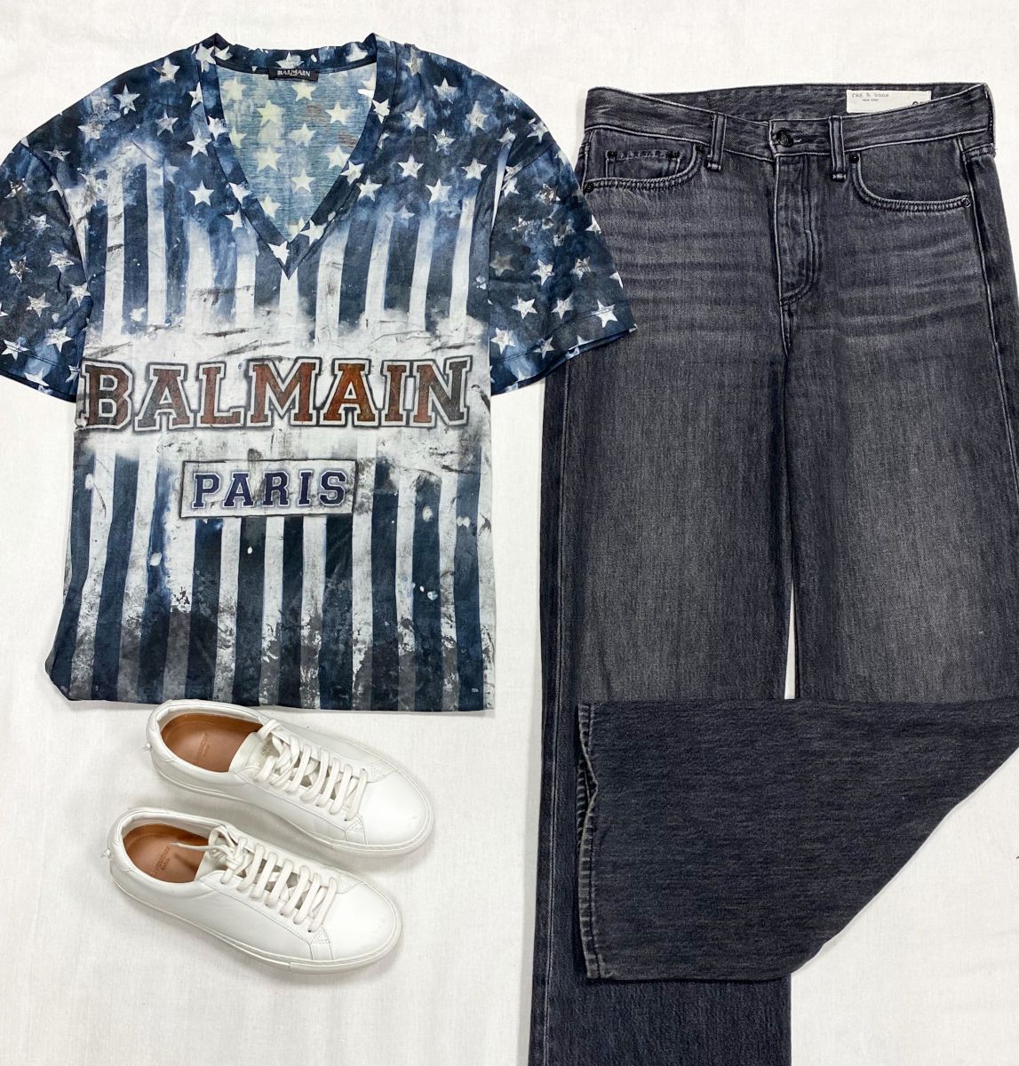 Футболка Balmain размер 36 цена 4 697 руб
Джинсы Rad &amp;Bone размер 25 цена 10 959 руб
Кеды Givenchy размер 38 цена 23 483 руб