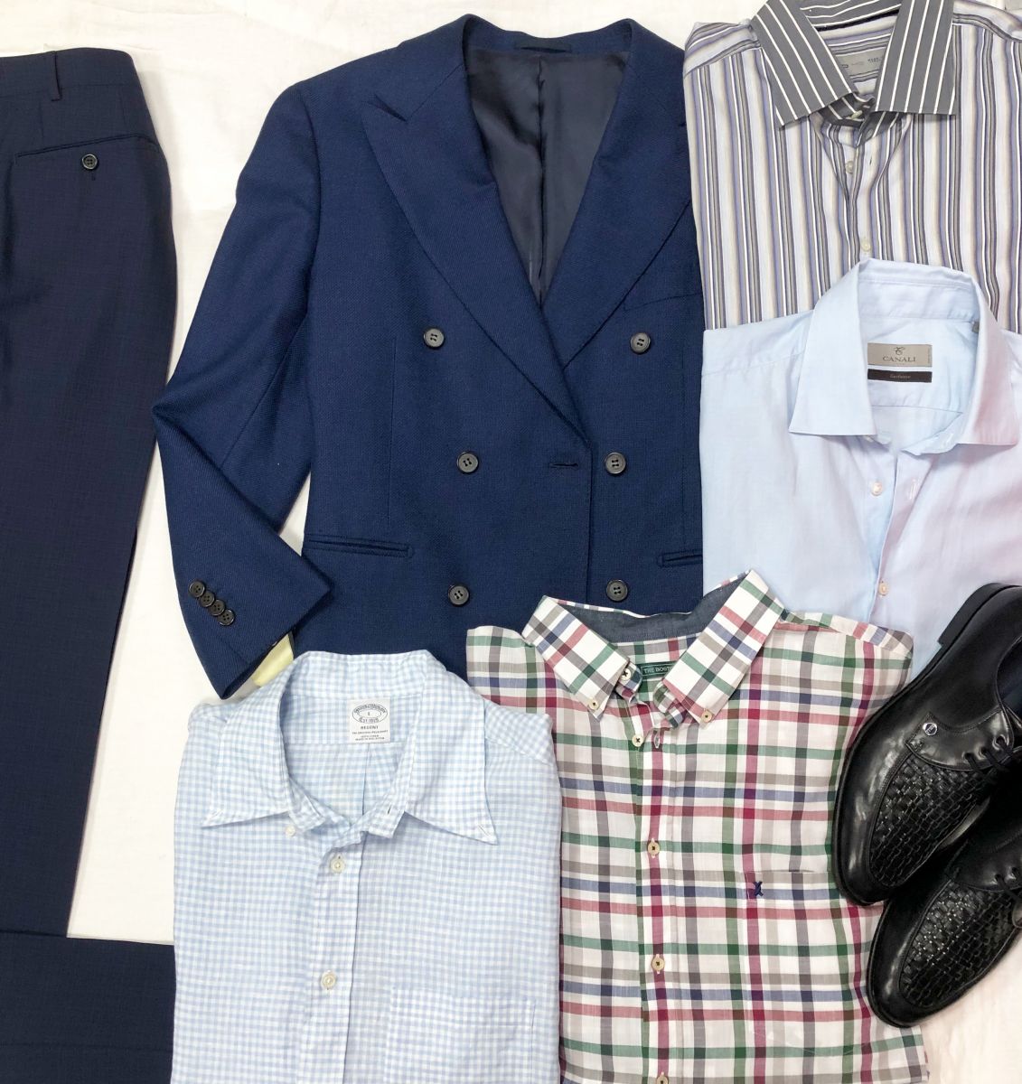 #Mechtamen
Пиджак SUITSSUPPLY &amp; FRATELLI TALLIYA размер 52 цена 7 828 руб 
Рубашки CANALI / ETRO / THE BOSTONIANS / BROOKS BROTHERS 1818 размер 45/45.1/7.3/4 44/46/16 L цена 4 697 руб / 6 262 руб / 7 828 руб 
Брюки CANALI размер
L цена 7 828 руб 
Туфли ZILLI