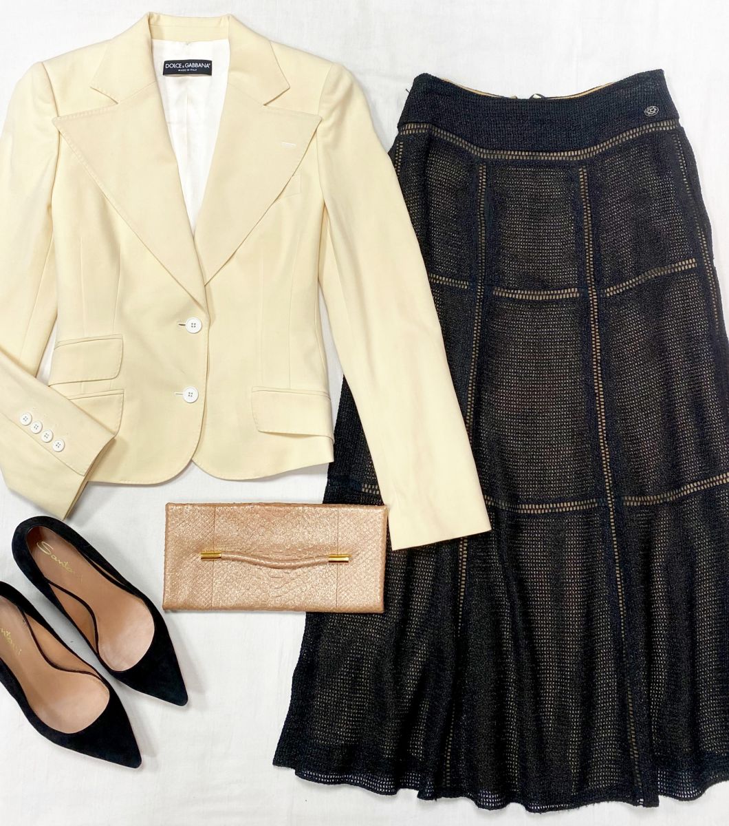 Юбка Chanel размер 38 цена 78 275 руб Жакет Dolce Gabbana размер 42 цена 23 483 руб Туфли Santoni размер 41 цена 23 483 руб Клатч Tom Ford