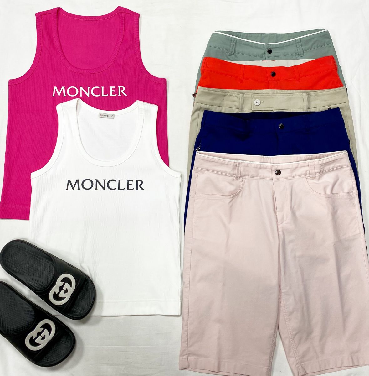 Майки Moncler размер XS - M цена по 4 697 руб 
Шорты Bogner размер S-M цена от 7 828 руб до 15 655 руб 
Сабо Gucci размер 40 цена 15 655 руб