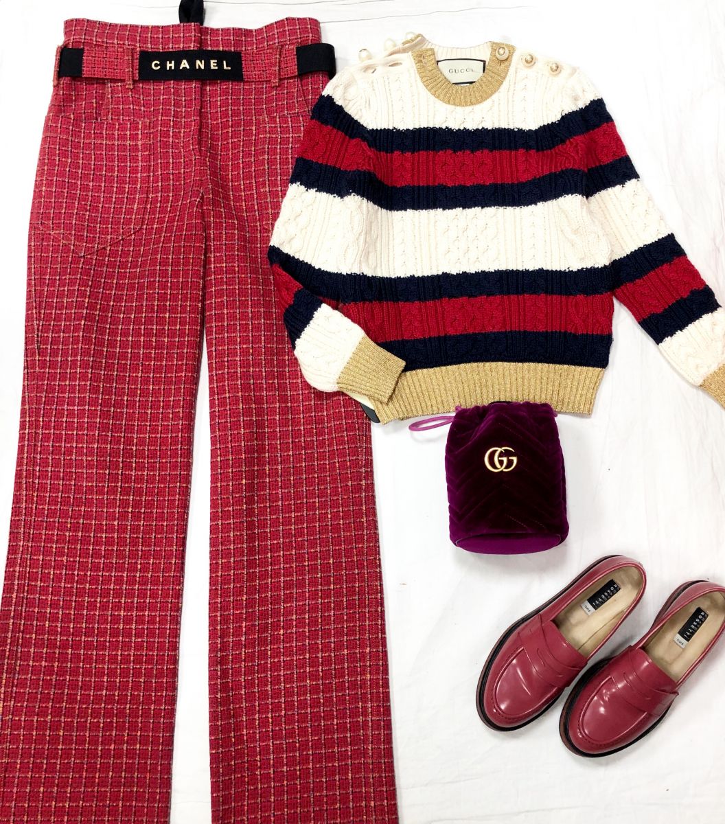 Свитер GUCCI размер XS цена 31 310 руб 
Брюки Chanel размер 34 цена 46 965 руб 
Сумочка GUCCI 
Лоферы FRATELLI ROSSETTI размер 37 цена 15 655 руб