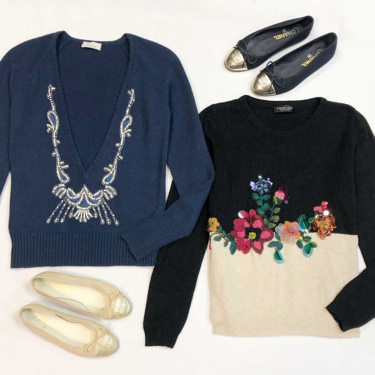 Кофта Pinko размер M цена 3 077 рубКофта Twin Set размер XS цена 3 077 рубБалетки Chanel размер 35 цена по 15 385 руб