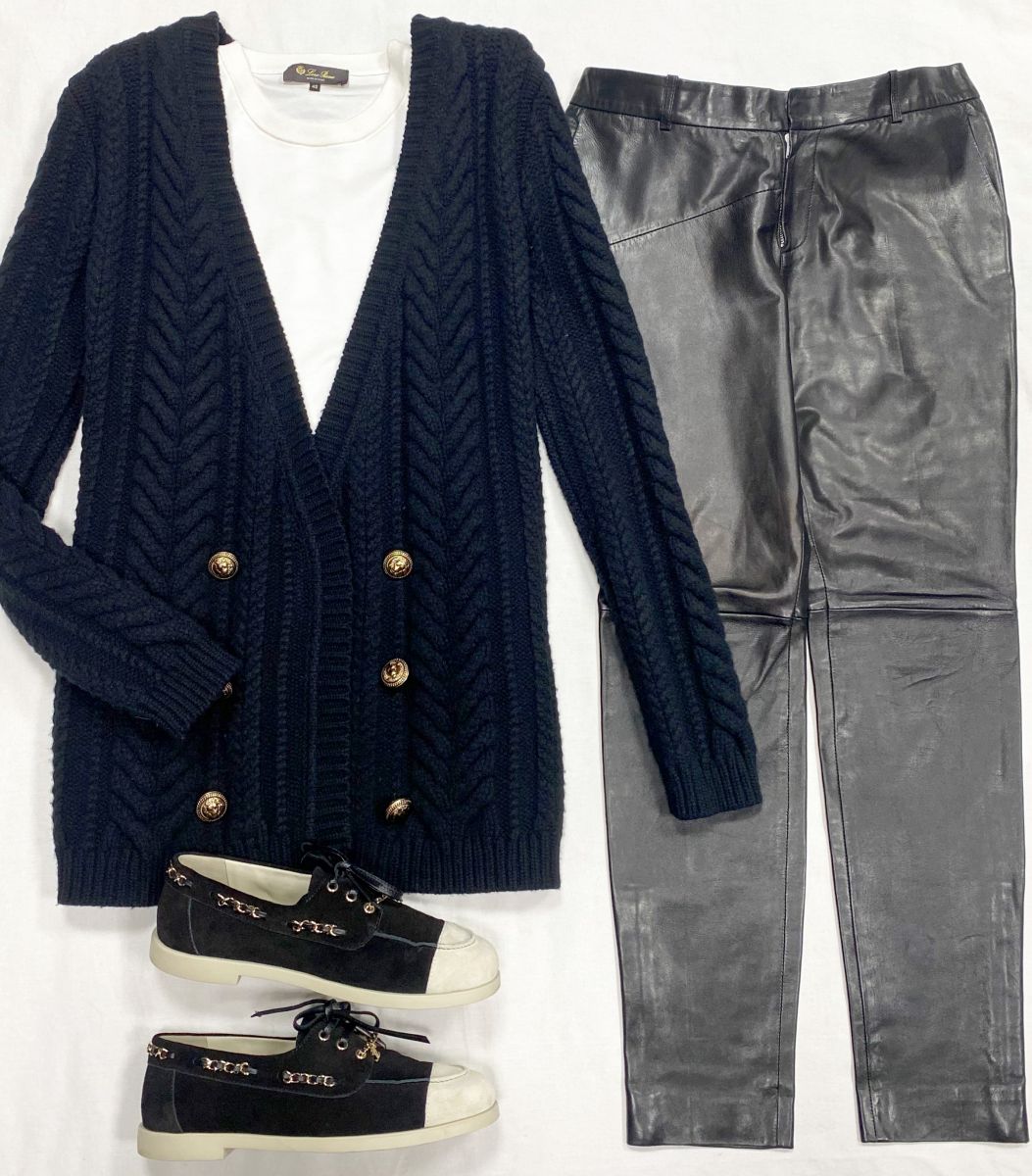 Брюки / кожа / Saint Laurent размер 38 цена 31 310 руб 
Кардиган Balmain размер 38 цена 23 483 руб 
Футболка Loro Piana размер 42 цена 23 483 руб
Ботинки Chanel размер 39.5 цена 93 930 руб