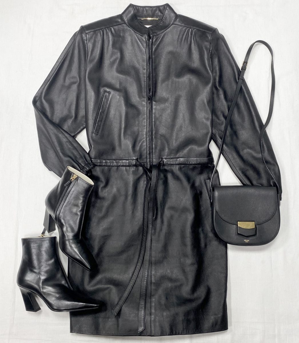 Платье / кожа / Saint Laurent размер 40 цена 46 965 руб 
Ботильоны Bottega Veneta размер 36.5 цена 93 930 руб 
Сумка Celine