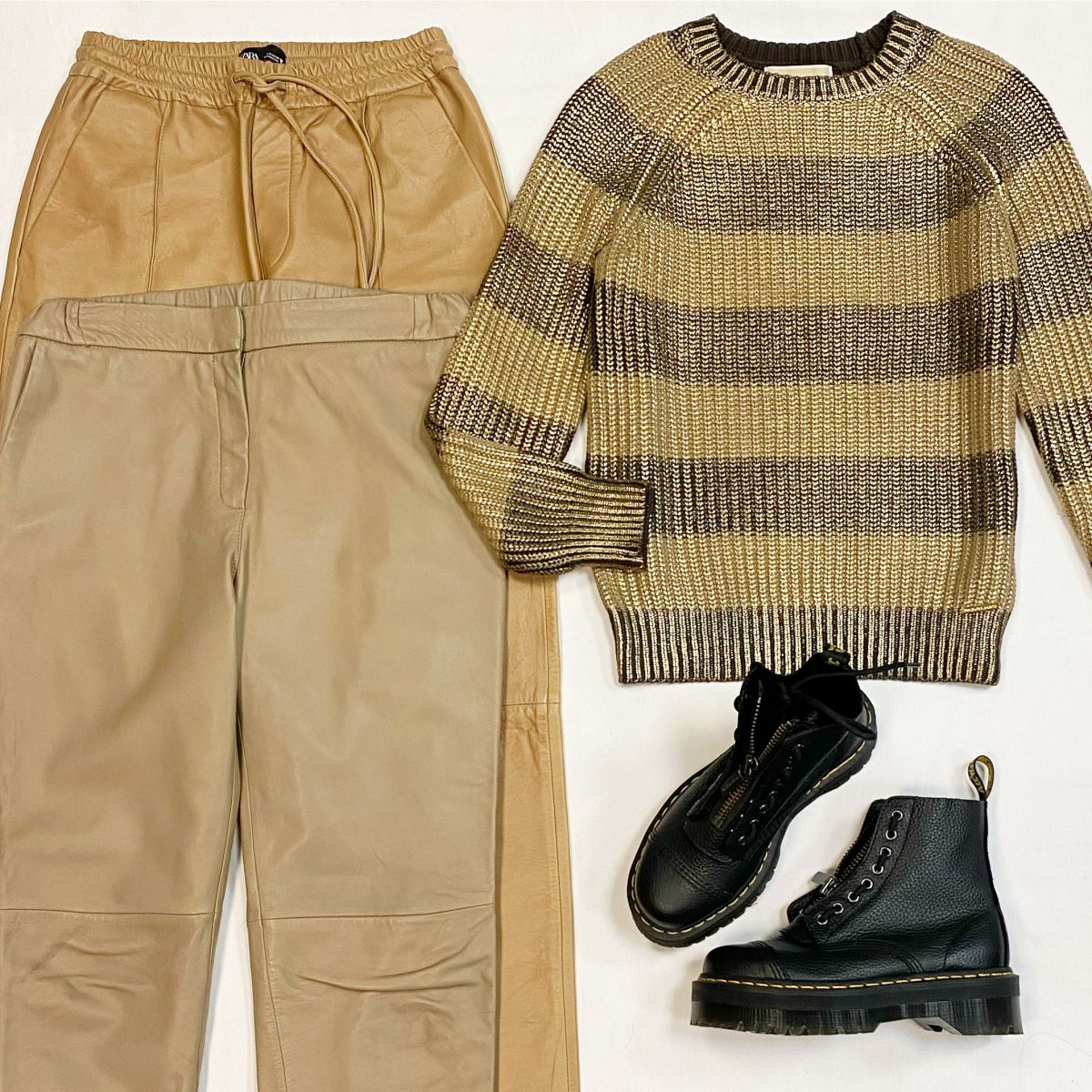 Брюки/кожа/ Massimo Dutti / Zara размер M цена от 3 077 руб до 9 231 рубКофта Michael Kirs размер XS цена 3 077 рубБотинки размер 39 цена 10 770
