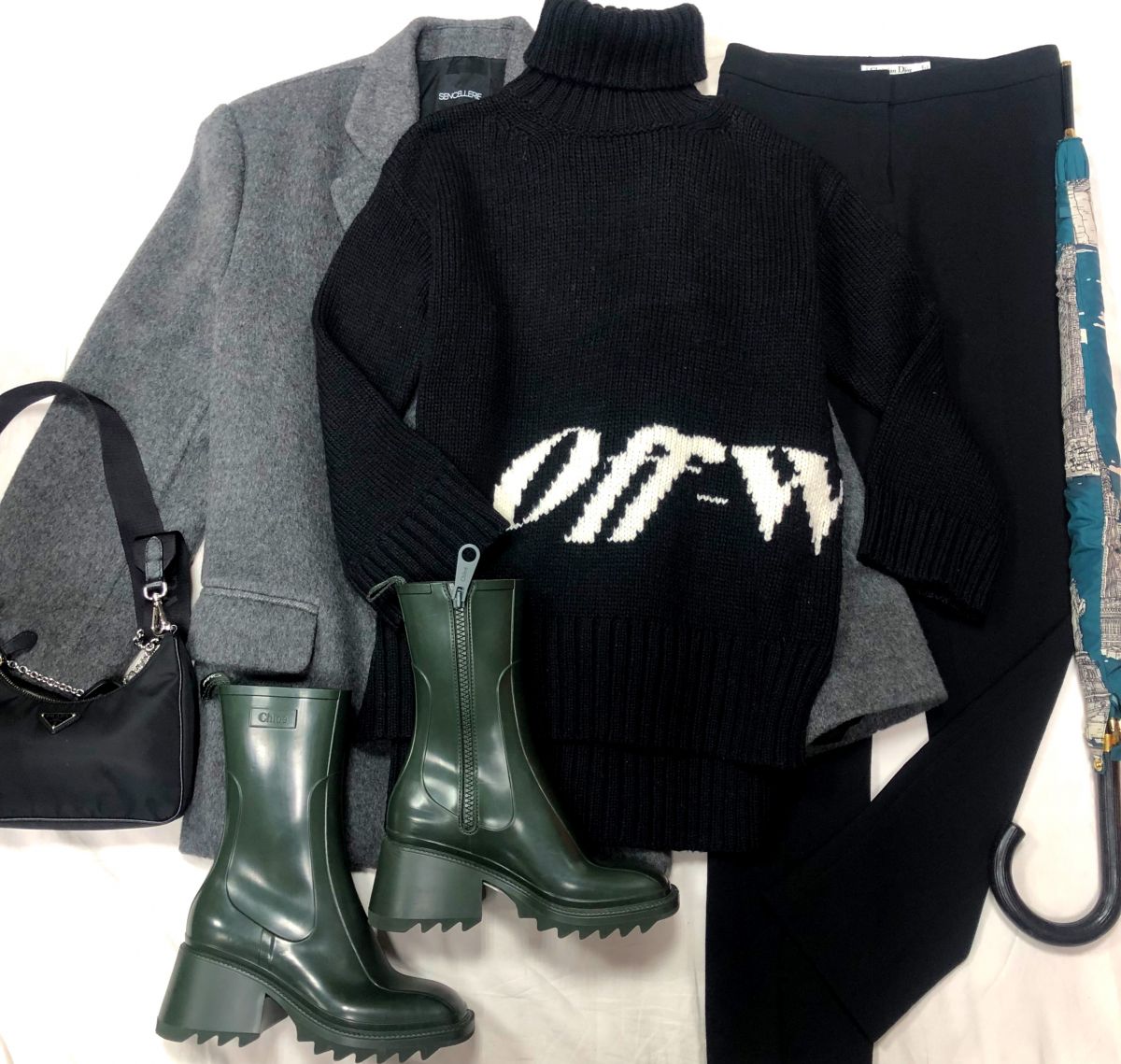 Кардиган /кашемир/ SENCELLERIE размер L цена 46 965 руб 
Свитер Off White размер 38 цена 15 655 руб 
Брюки Christian Dior размер 36 цена 10 959 руб 
Сапоги Chloé размер 38 цена 23 483 руб /новые/ 
Зонт Burberry