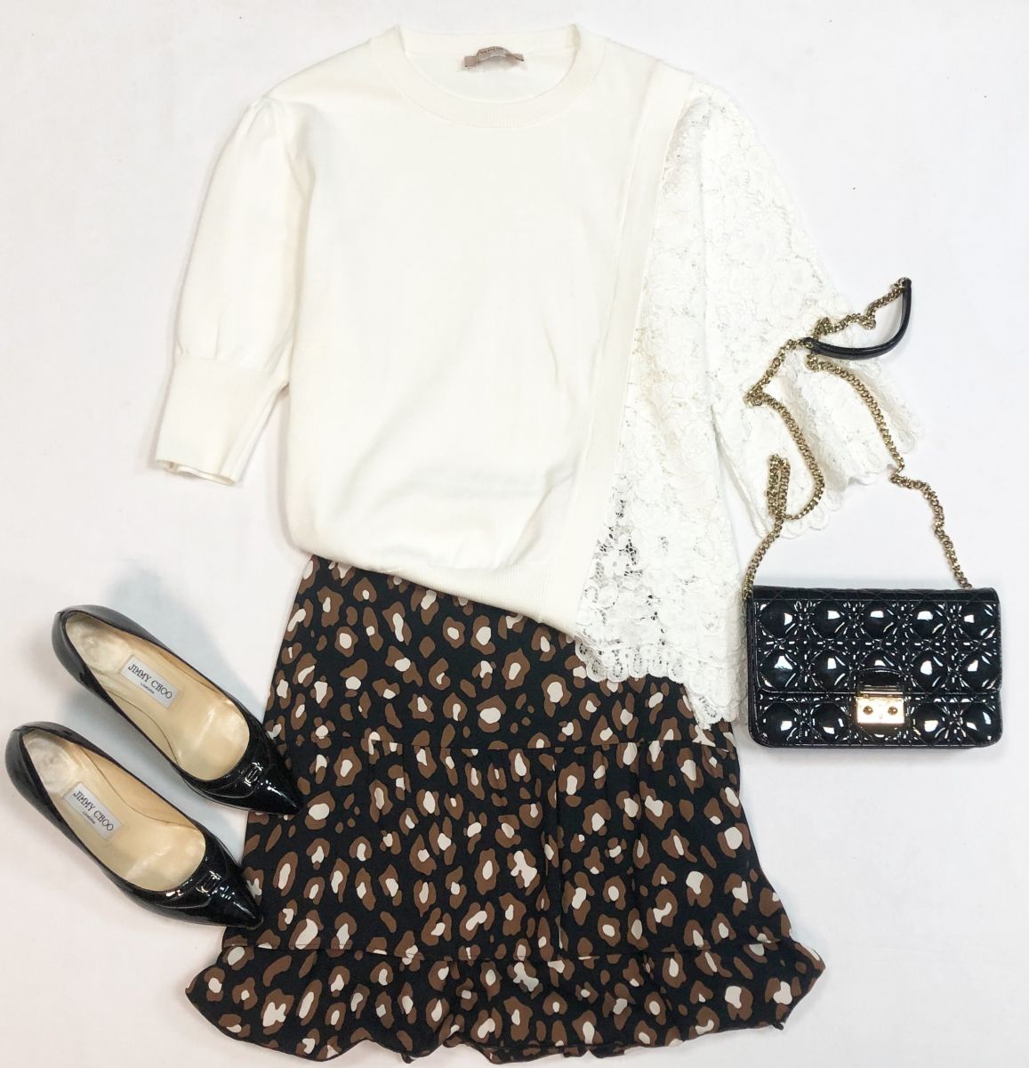 Кофта Twinset размер 42 цена 4 616 рубЮбка Marc Cain размер 4 цена 3 846 рубТуфли Jimmy Choo размер 36.5 цена 7 693 рубСумка Dior