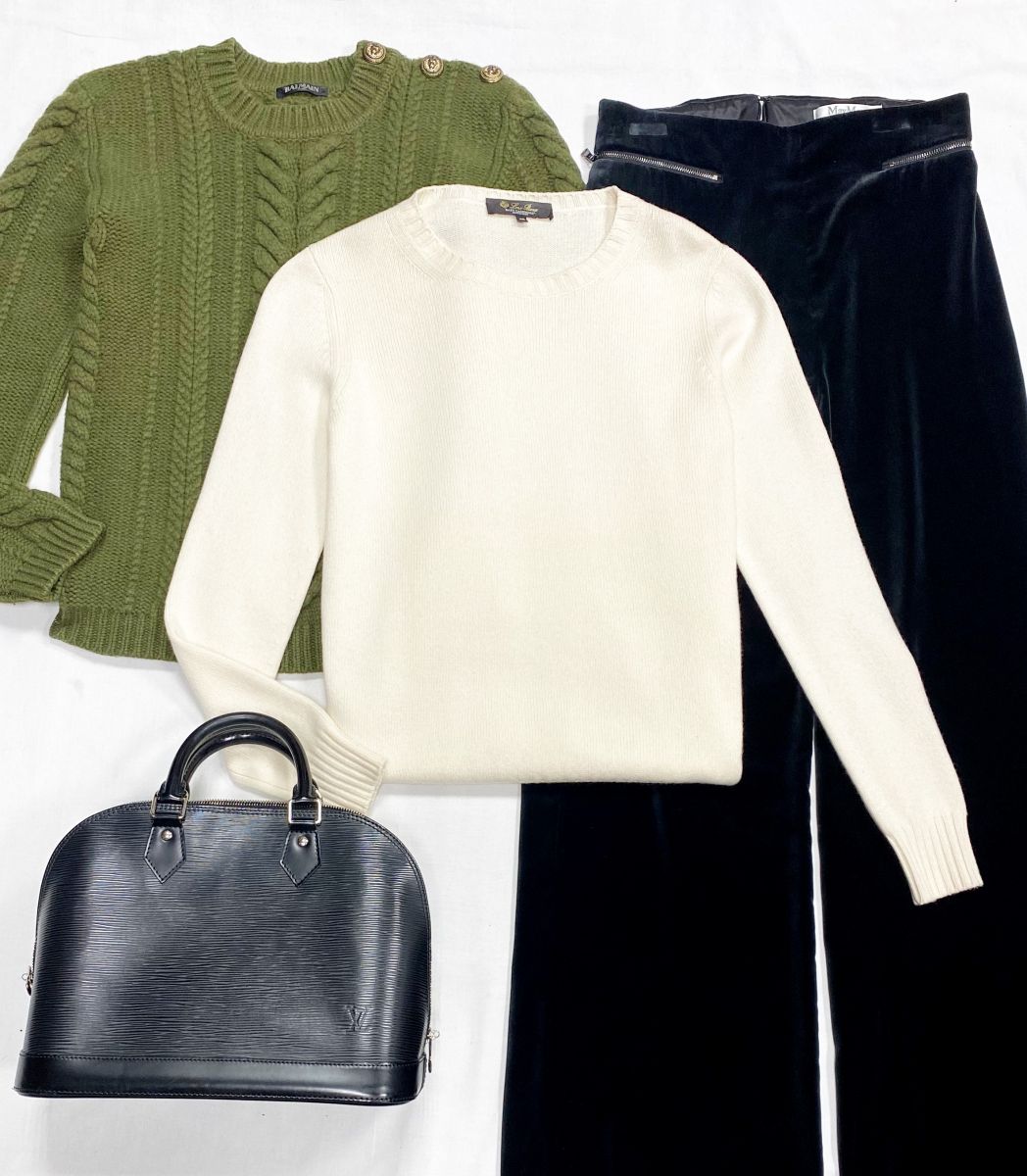 Кофта размер 42 цена 46 965 рубКоыта Balmain размер 40 цена 10 959 рубБрюки/ бархат/ Max Mara размер 40 цена 10 959 рубСумка Louis Vuitton