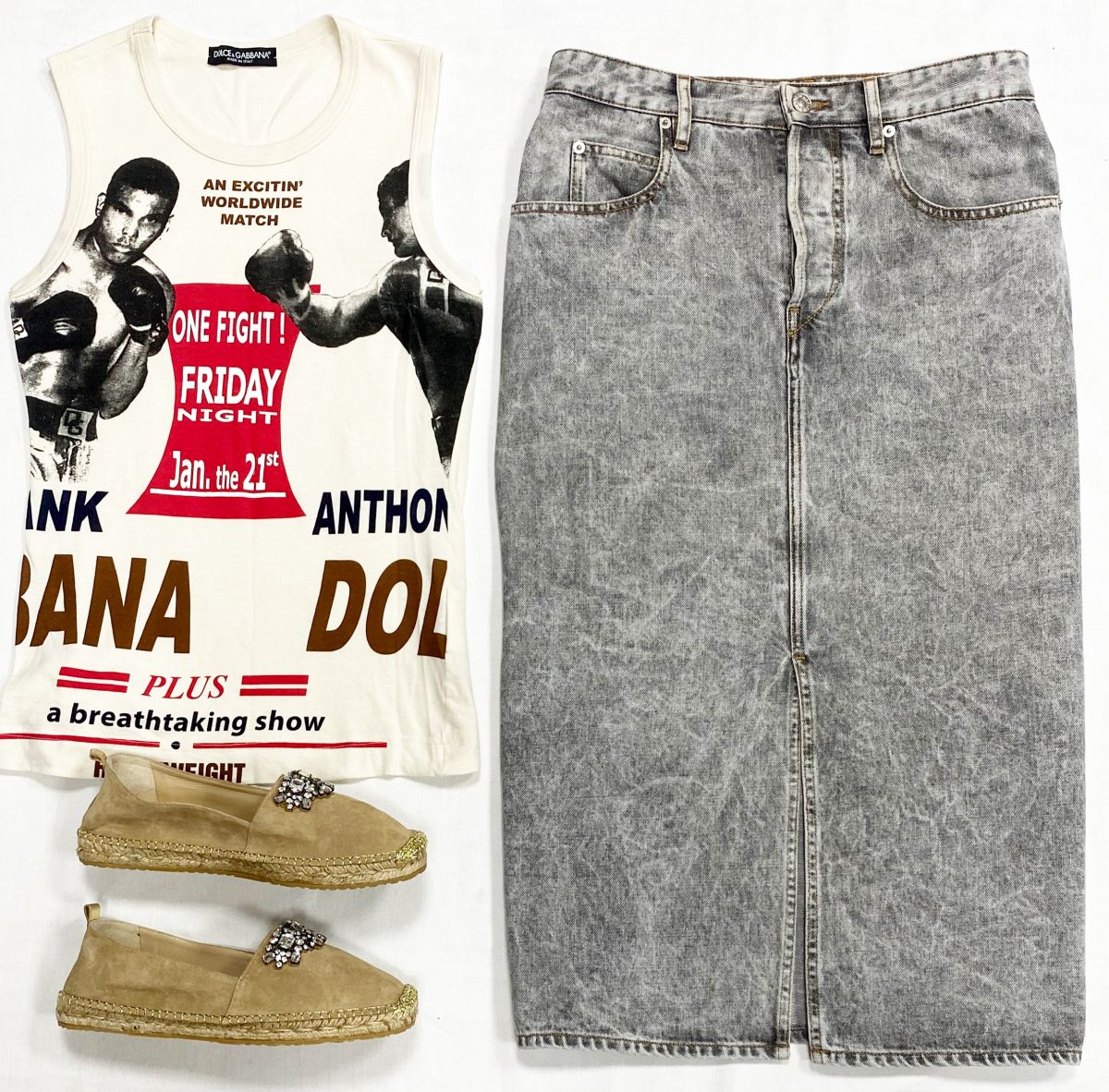 Топ Dolce Gabbana размер 40 цена 4 697 рубЮбка /джинса/ Isabel Marant размер 40 цена 9 393 рубЭспадрильи Jimmy Choo размер 39 цена 12 524 руб