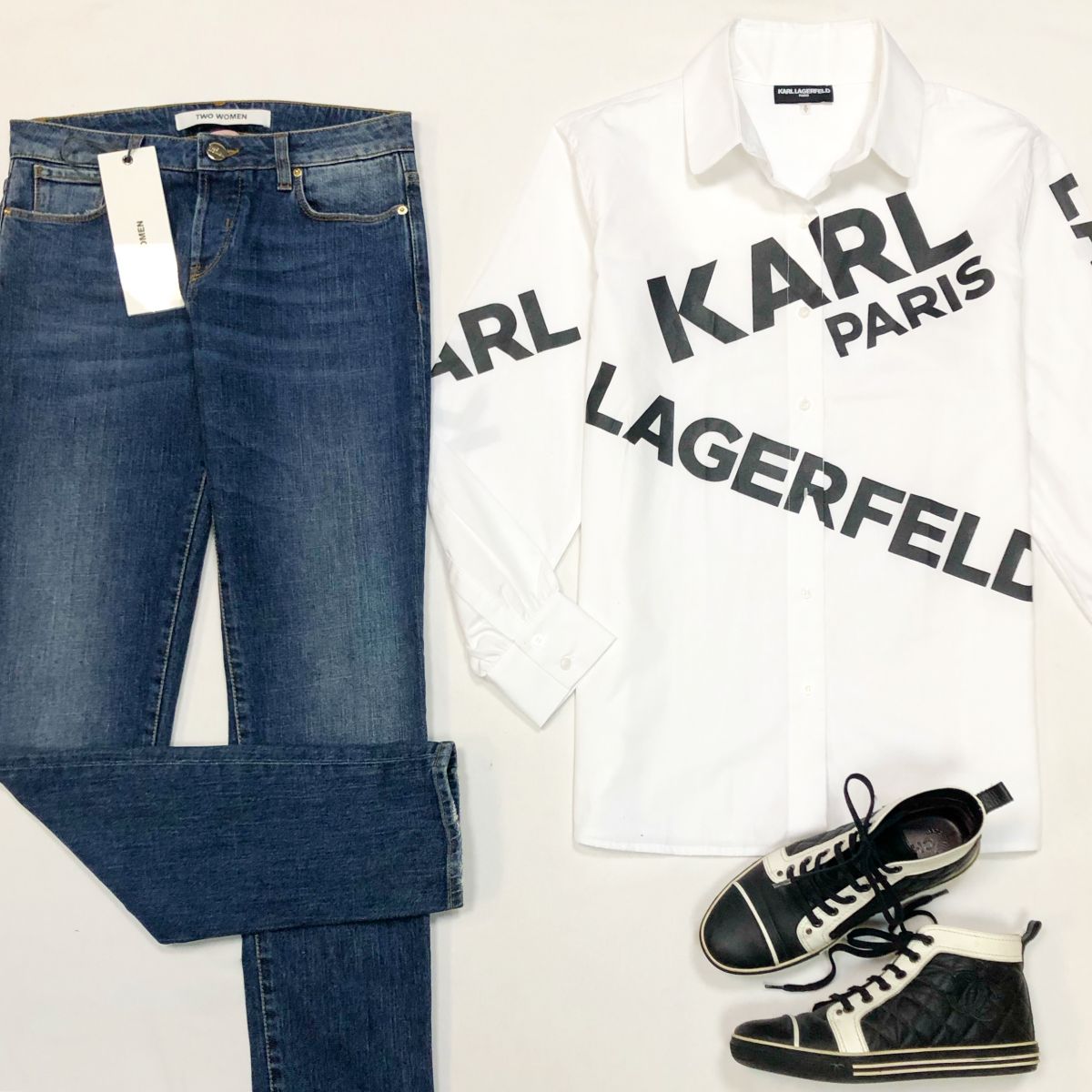 Рубашка Karl Lagerfeld размер S цена 3 846 рубДжинсы Two Women размер 27 цена 7 693 рубКеды Chanel размер 36 цена 10 770 руб