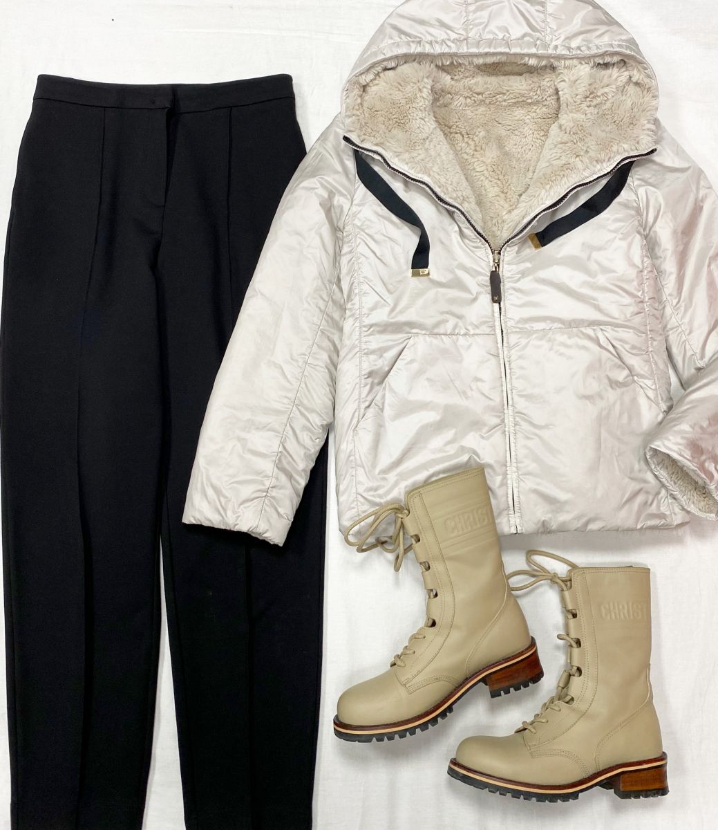 Куртка / двухсторонняя / Max Mara размер 42 цена 31 310 руб 
Брюки 12Storeez размер M цена 4 697 руб 
Ботинки Christian Dior размер 40 цена 31 310 руб
