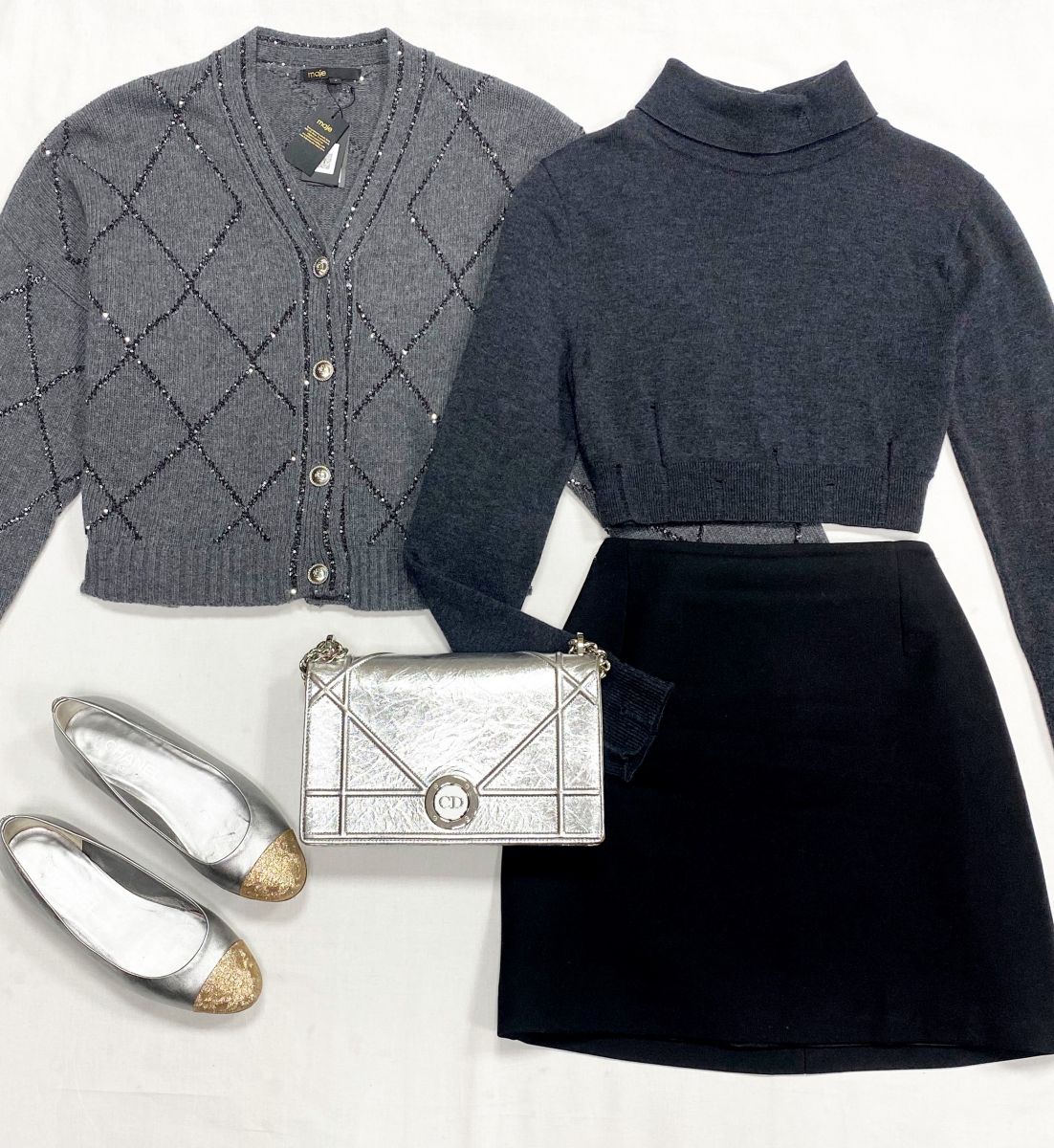 Кардиган/пайетки/ Maje размер 2 цена 12 524 руб/ с биркой/ 
Кофта System размер 42 цена 7 828 руб
Юбка 12 Storeez размер M цена 4 697 руб
Балетки Chanel размер 38 цена 31 310 руб
Сумка Christian Dior 