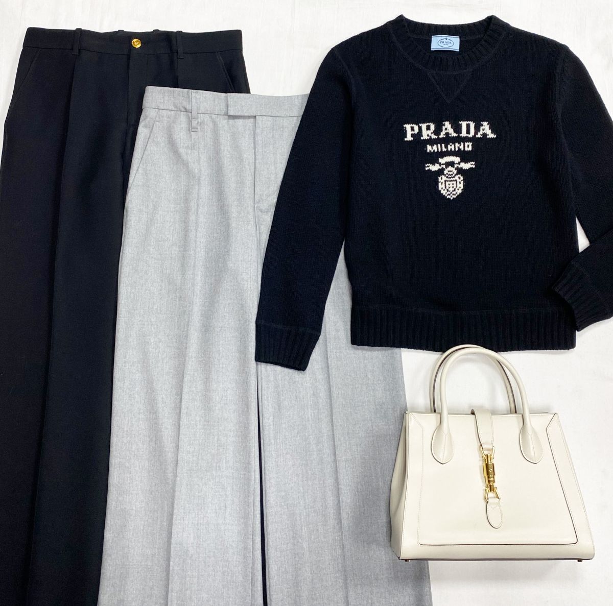 Кофта Prada размер M цена 46 965 руб 
Брюки Gucci / Brunello Cucinelli размер 44 цена по 31 310 руб 
Сумка Gucci