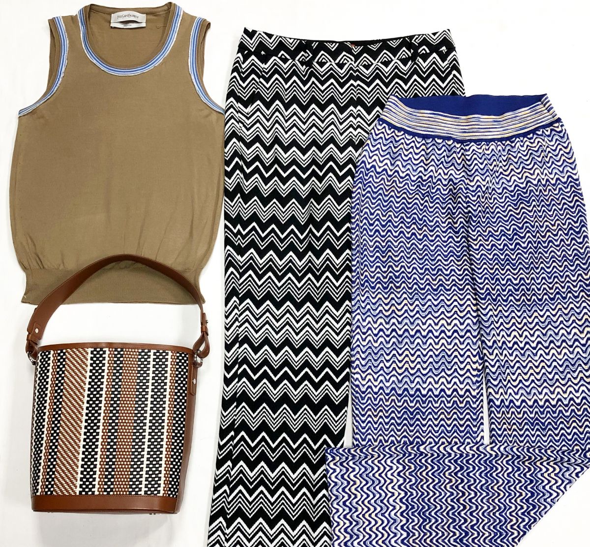 Топ Ysl размер 38 цена 4 697 рубБрюки Missoni размер 42/44 цена от 12 524 руб до 15 655 рубСумка LORO PIANA