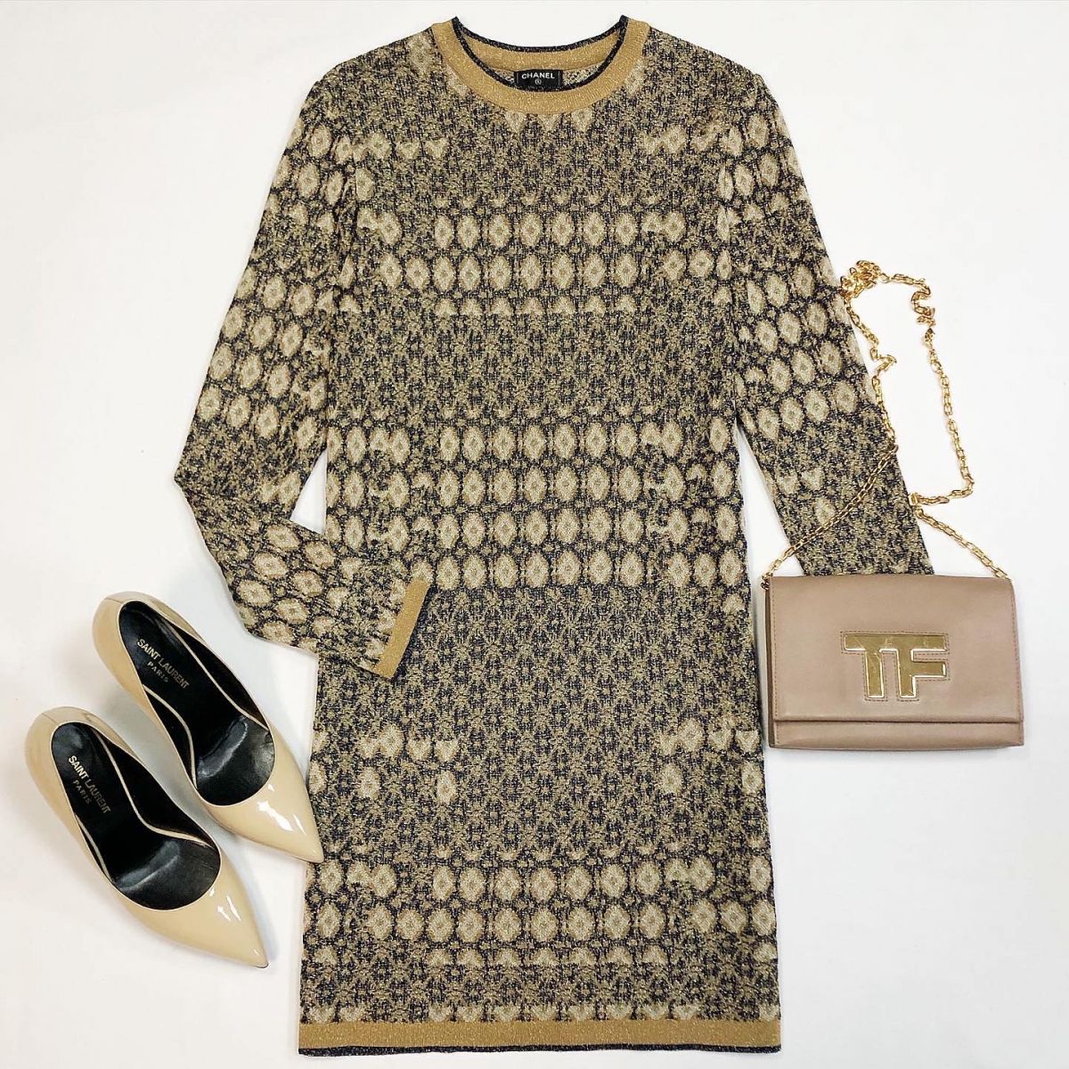Платье/люрекс/ Chanel размер 34 цена 76 925 рубТуфли Saint Laurent размер 39 цена 18 462 рубСумка Tom Ford