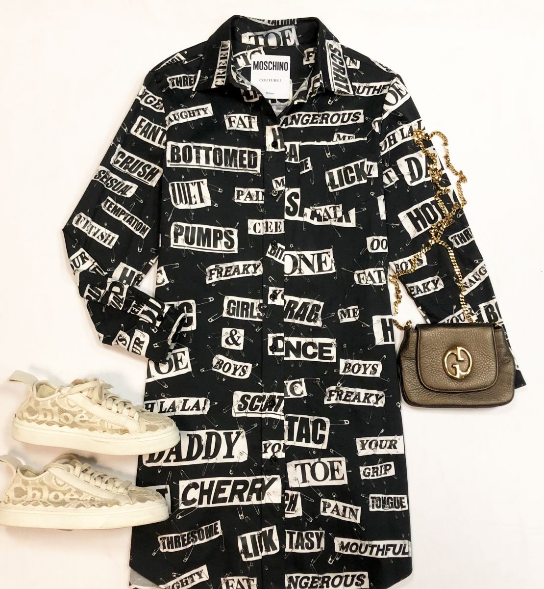 Платье Moschino размер 46 цена 7 693 рубКеды Chloe размер 37 цена 12 308 рубСумка Gucci