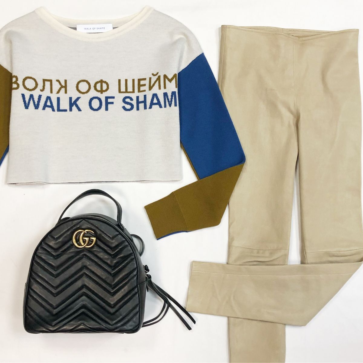 Кофта Walk Of Shame размер 40 цена 12 308 рубЛегинсы/кожа/ Balenciaga размер 38 цена 23 078 рубРюкзак Gucci