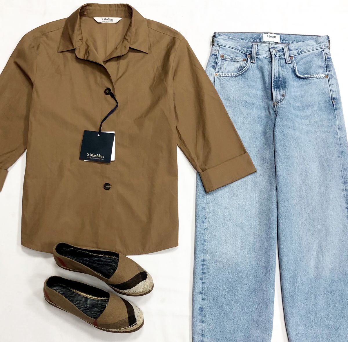 Рубашка S Max Mara размер 38 цена 12 524 рубДжинсы Agolde размер 23 цена 7 828 рубЭспадрильи Burberry размер 40 цена 7 828 руб