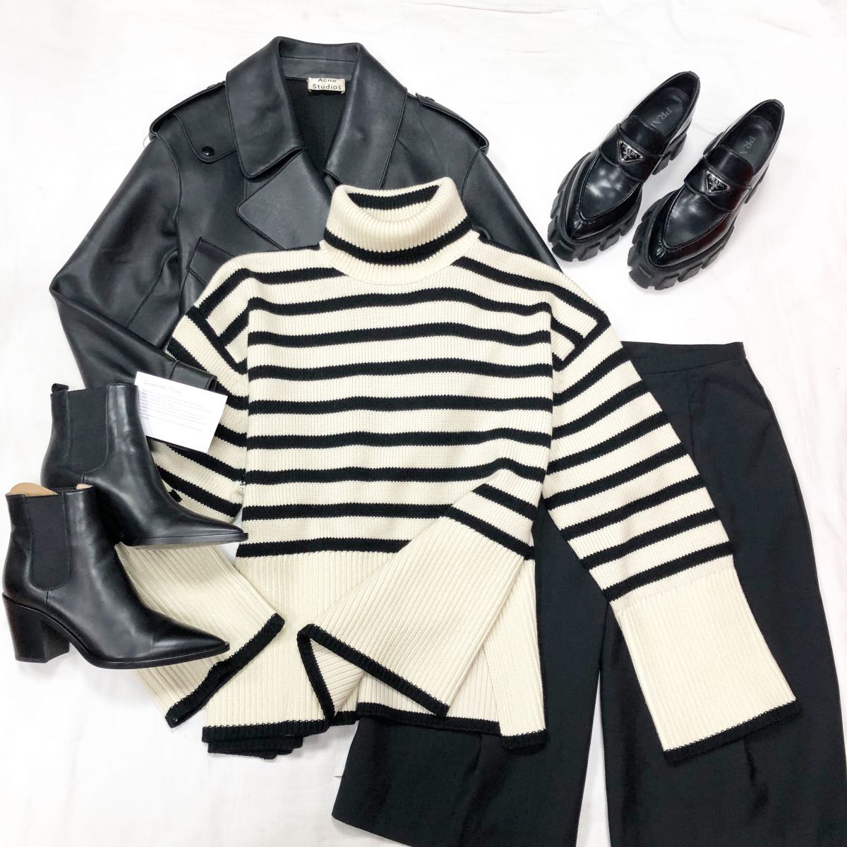 Куртка /кожа Acne Studio размер M цена 39 138 руб 
Свитер Toteme размер S цена 23 483 руб 
Бермуды Massimo dutti размер
S цена 2 348 руб 
Казаки Gianvito Rossi /новые/
