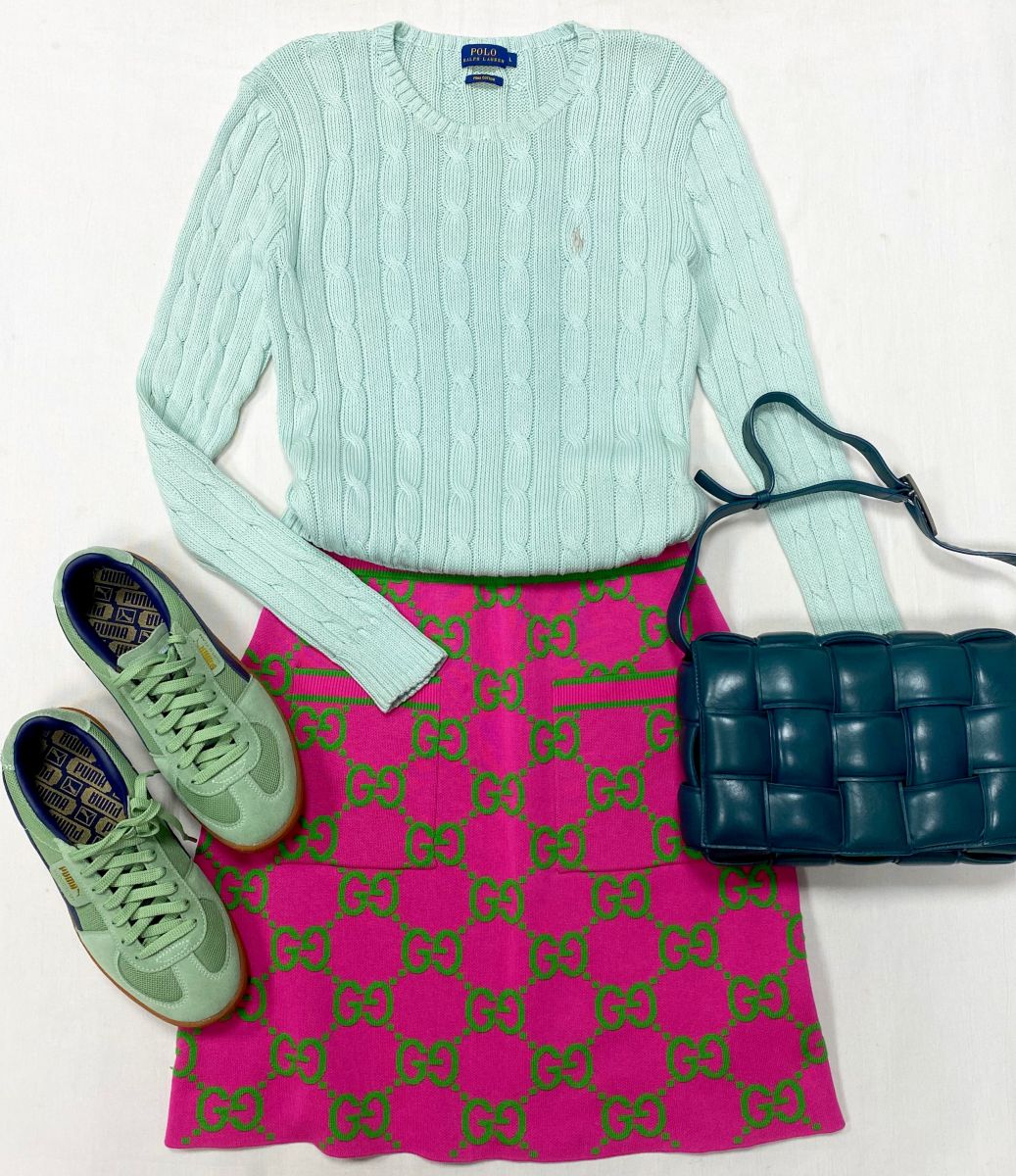 Юбка Gucci размер M цена 23 483 рубКофта Polo Ralph Lauren размер L цена 4 697 руб Кеды Puma размер 40 цена 15 655 рубСумка Bottega Veneta