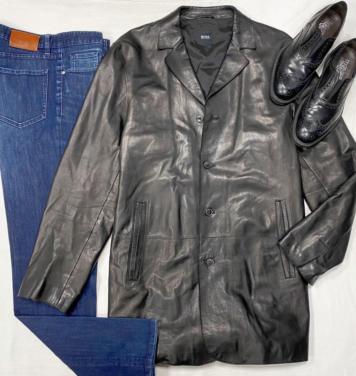 #mechtamen Пиджак / кожа / Boss размер 56 цена 23 483 руб 
Джинсы Zegna размер 31 цена 4 697 руб
Ботинки Salvatore Ferragamo размер 42 цена 15 655 руб