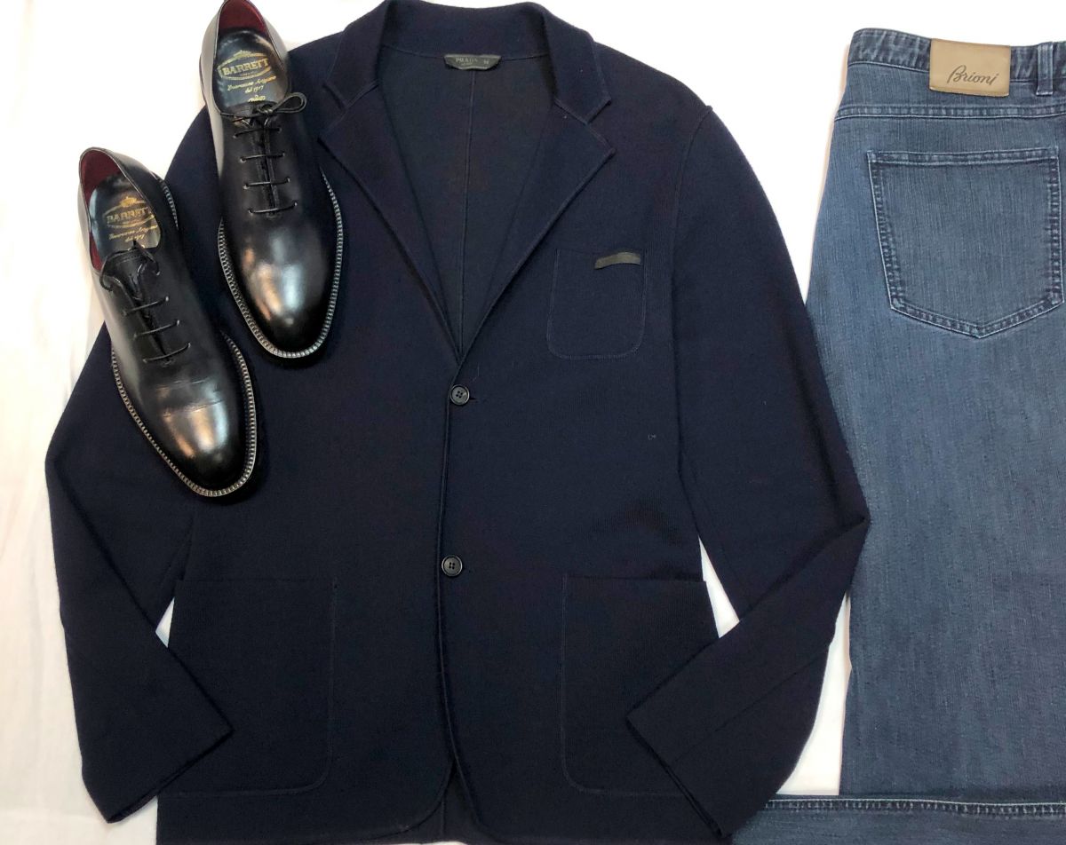 #Mechtanen
Пиджак PRADA размер 50 цена 12 308 руб 
Джинсы BRIONI размер 60 цена 10 770 руб 
Туфли BARRETT размер 43 цена 15 385 руб
