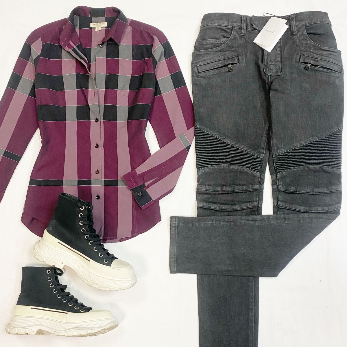 Рубашка Burberry размер 38 цена 4 616 рубДжинсы Balmain размер 31 цена 4 616 руб/с биркой/ Кеды Alexander McQueen размер 39 цена 18 463 руб