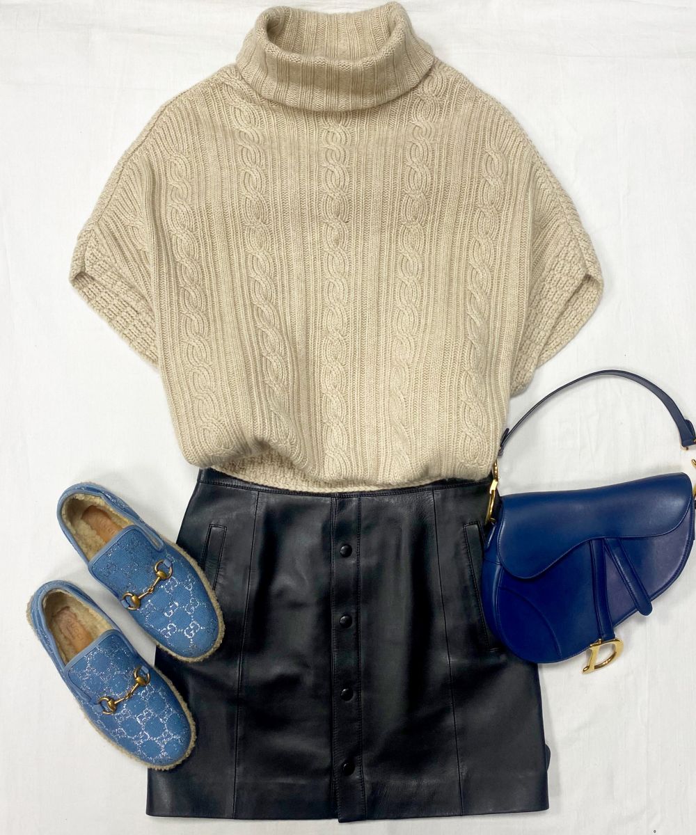 Юбка / кожа / Saint Laurent размер 40 цена 46 965 руб 
Свитер - кейп / кашемир / размер 42 цена 46 965 руб 
Лоферы / на меху / Gucci размер 38.5 цена 31 310 руб
Сумка Christian Dior