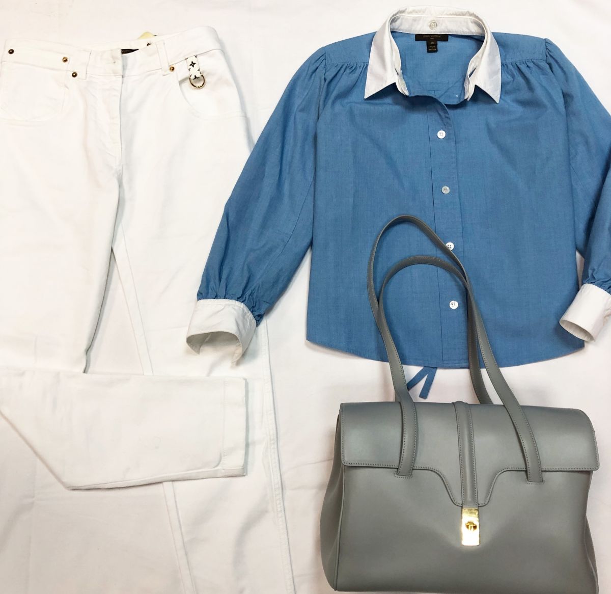 Рубашка LOUIS VUITTON размер 36 цена 10 770 руб 
Джинсы LOUIS VUITTON размер 40 цена 23 078 руб 
Сумка CELINE