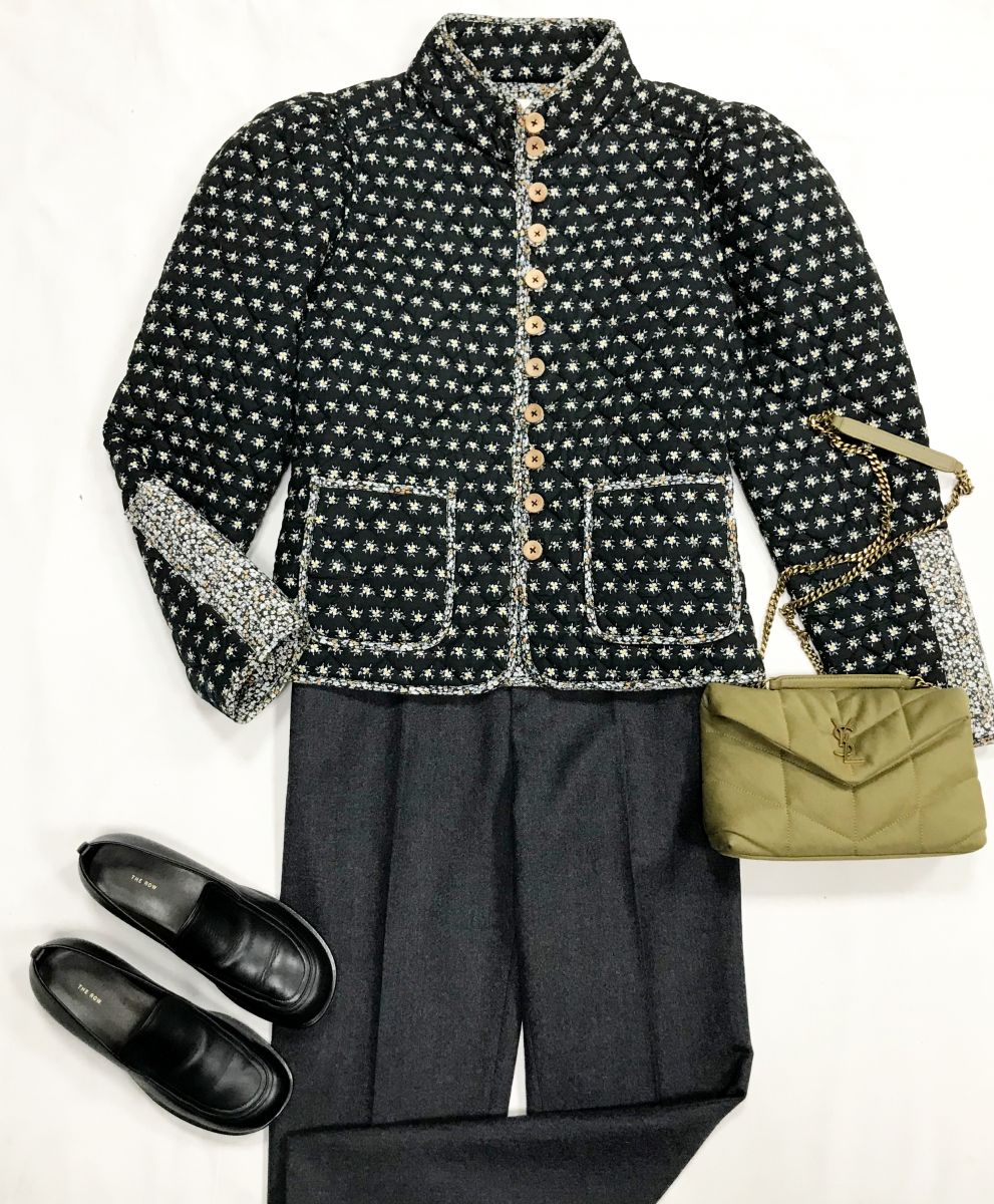 Куртка Sea размер S цена 14 090 руб
Брюки Saint Laurent размер 36 цена 
15 655 руб
Лоферы The Row размер 36 цена 39 138 руб
Сумка Saint Laurent