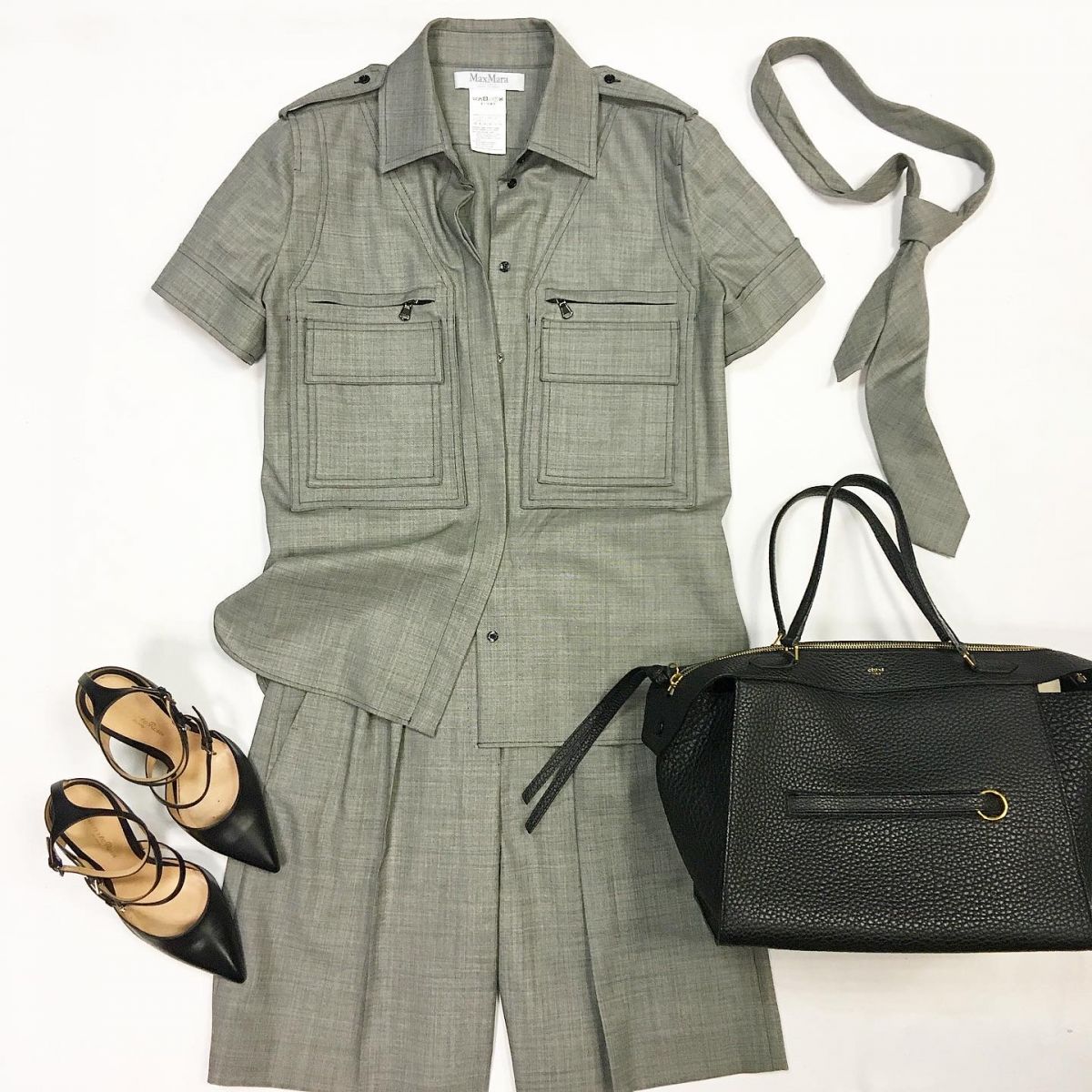 Костюм / блузка + шорты / + галстук / Max Mara  размер 42 / 46 / цена 23 078 руб Туфли Gianvito Rossi  размер 38.5 цена 12 308 руб Сумка Celine 