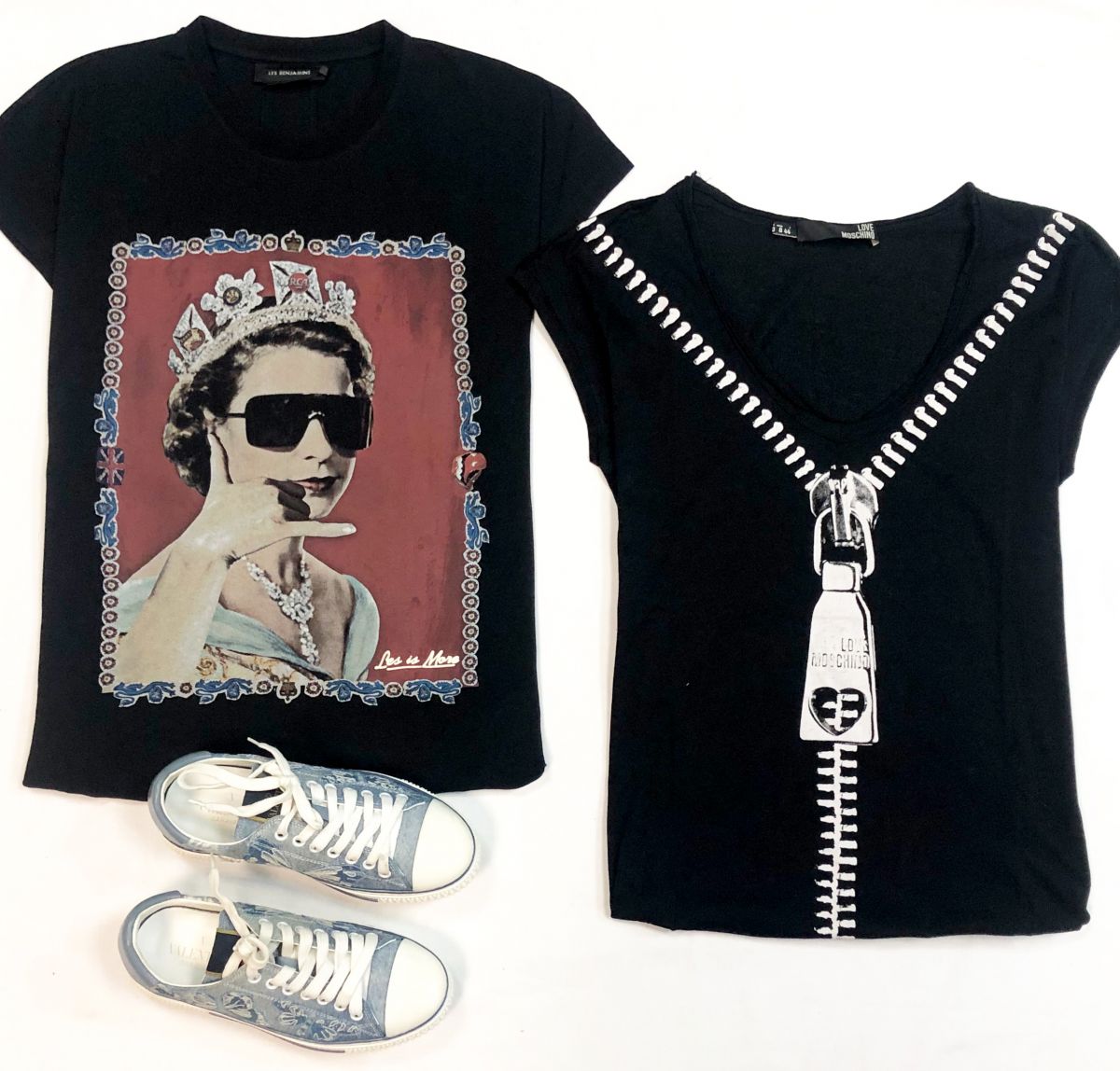 Футболка Les Benjamins размер L цена 3 077 руб
Футболка Love Moschino размер 44 цена 2 308 руб 
Кеды Valentino размер 36 цена 23 078 руб