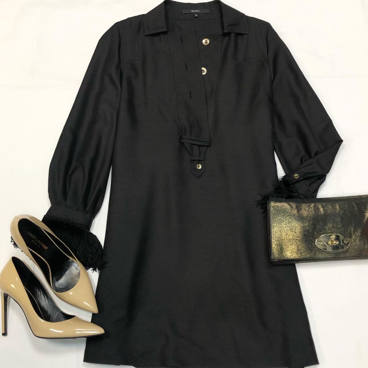 Платье Gucci размер 38 цена 7 693 руб Туфли Saint Laurent размер 39 цена 18 462 рубКлатч Mulberry