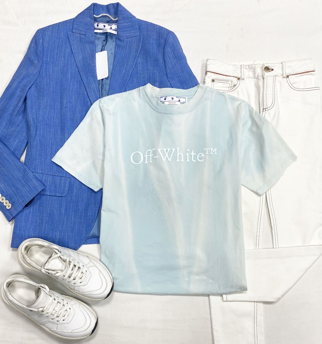 Жакет Off White размер 38 цена 39 138 руб/с биркой/ 
Футболка Off White размер M цена 23 483 руб
Джинсы размер 38 цена 15 655 руб
Кроссовки Bottega Veneta размер 40.5 цена 23 483 руб