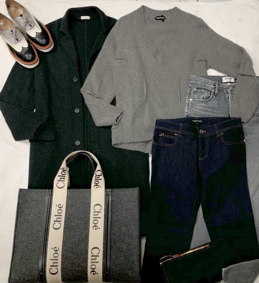 Кардиган / пальто /кашемир/ Malo размер M цена 31 310 руб 
Свитер /кашемир/ Tom Ford размер М цена 31 310 руб 
Джинсы TOM FORD / AGOLDE размер 24/28 цена 6 262 руб / 15 655 руб 
Сумка Chloé