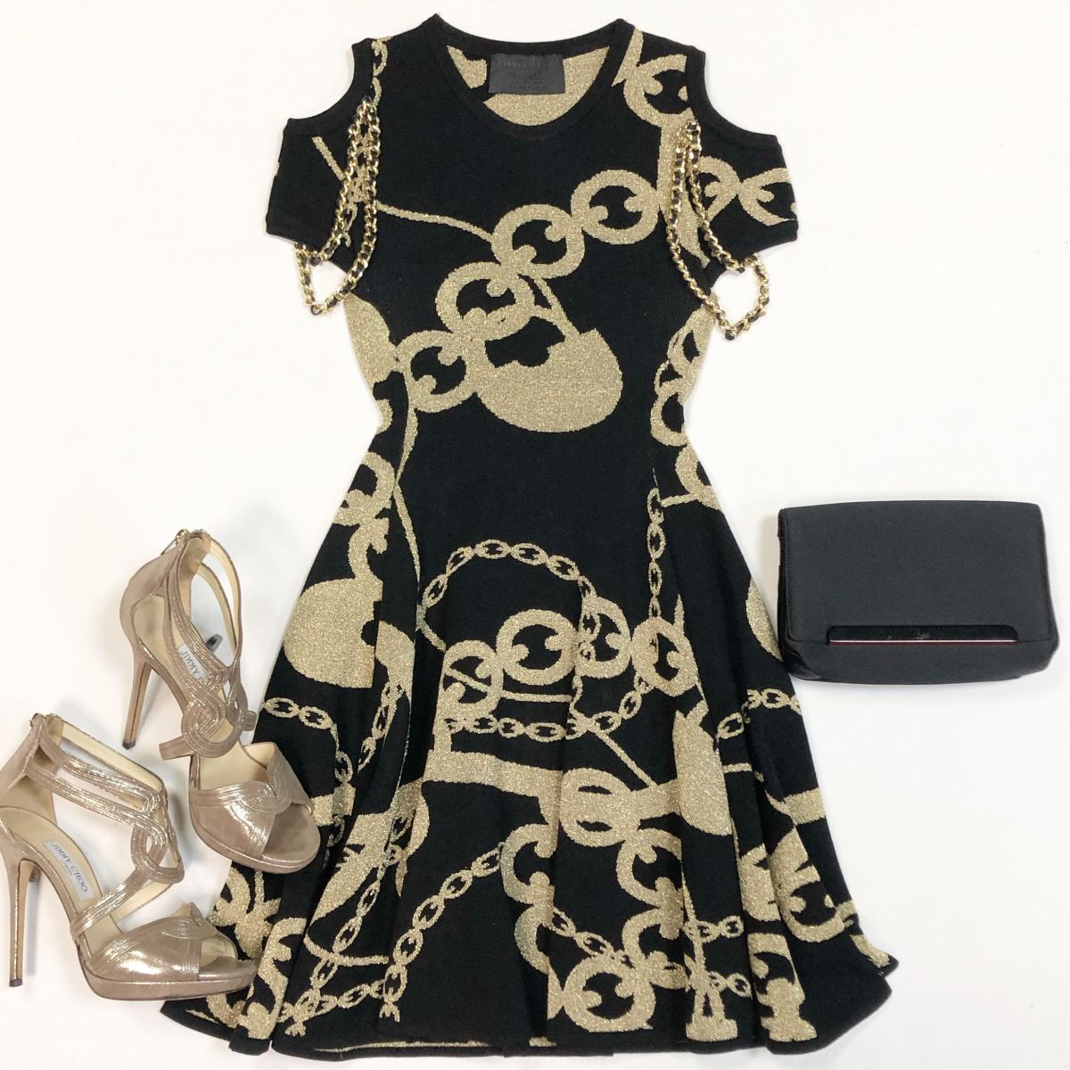 Платье/люрекс/ Philipp Plein размер S цена 15 385 рубБосоножки Jimmy Choo размер 39.5 цена 12 308 рубКлатч Louboutin