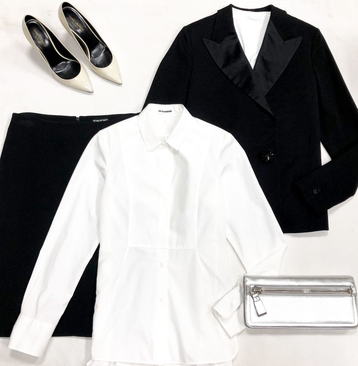 Жакет Lanvin / HM размер 38 цена 9 231 руб
Юбка Tom Ford размер 40 цена 23 078 руб
Рубашка Jil Sander размер 36 цена 15 385 руб
Туфли Saint Laurent размер 39 цена 46 155 руб
Клатч Tom Ford