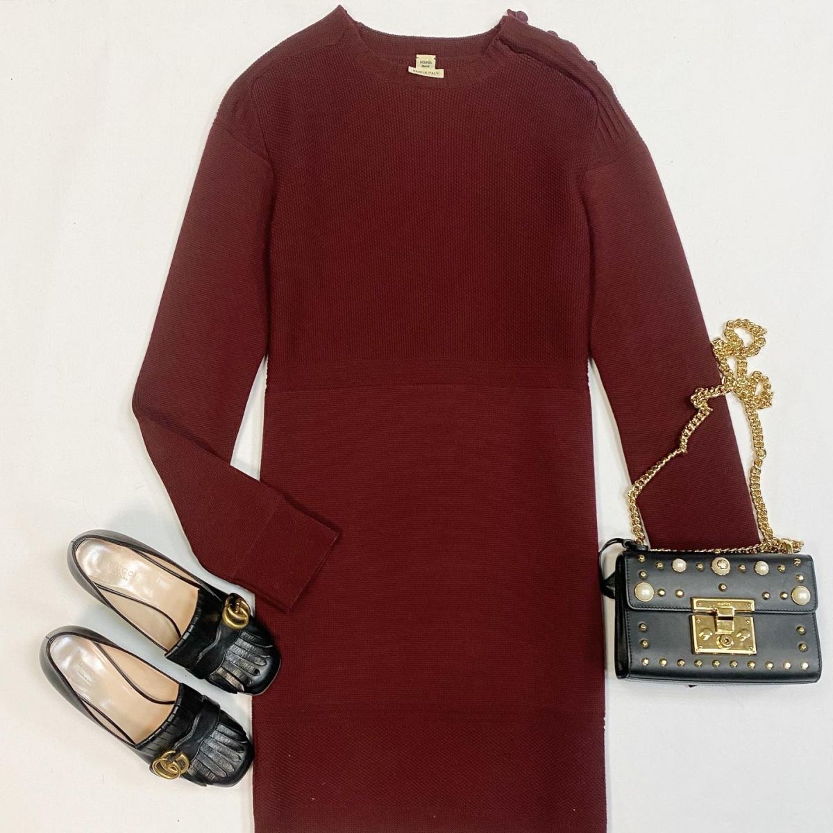 Платье Hermes размер 40 цена 30 770 рубТуфли Gucci размер 38 цена 23 078 рубСумка Gucci
