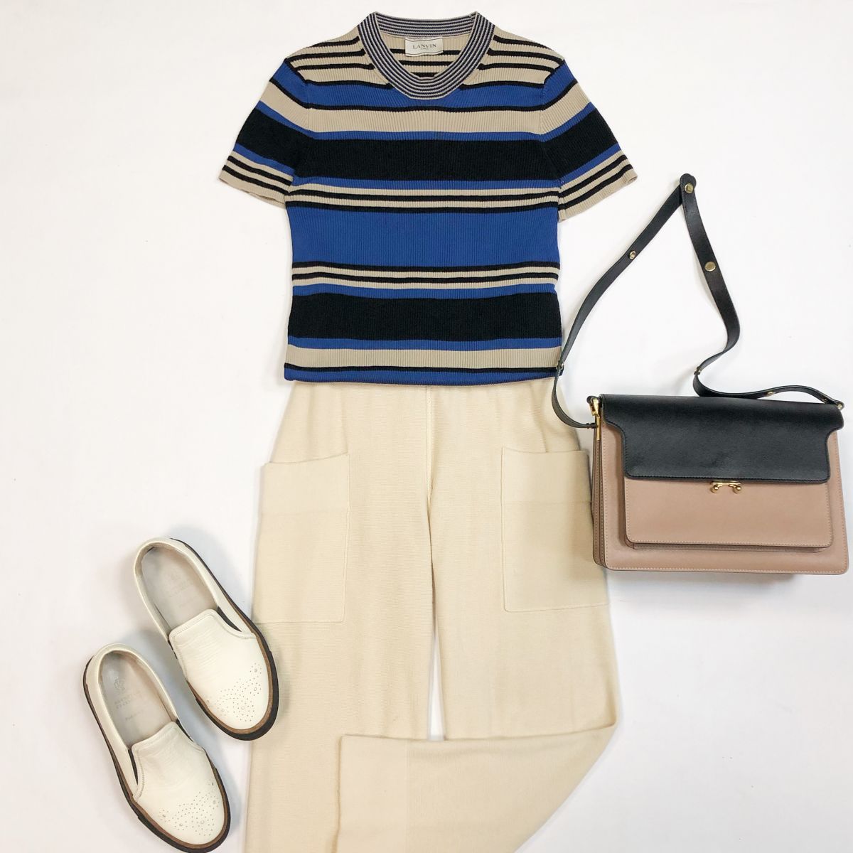 Кофта Lanvin размер S цена 7 693 рубБрюки Sonia Rykiel размер 38 цена 4 616 рубСлипоны Brunello Cucinelli размер 37.5 цена 15 385 рубСумка Marini