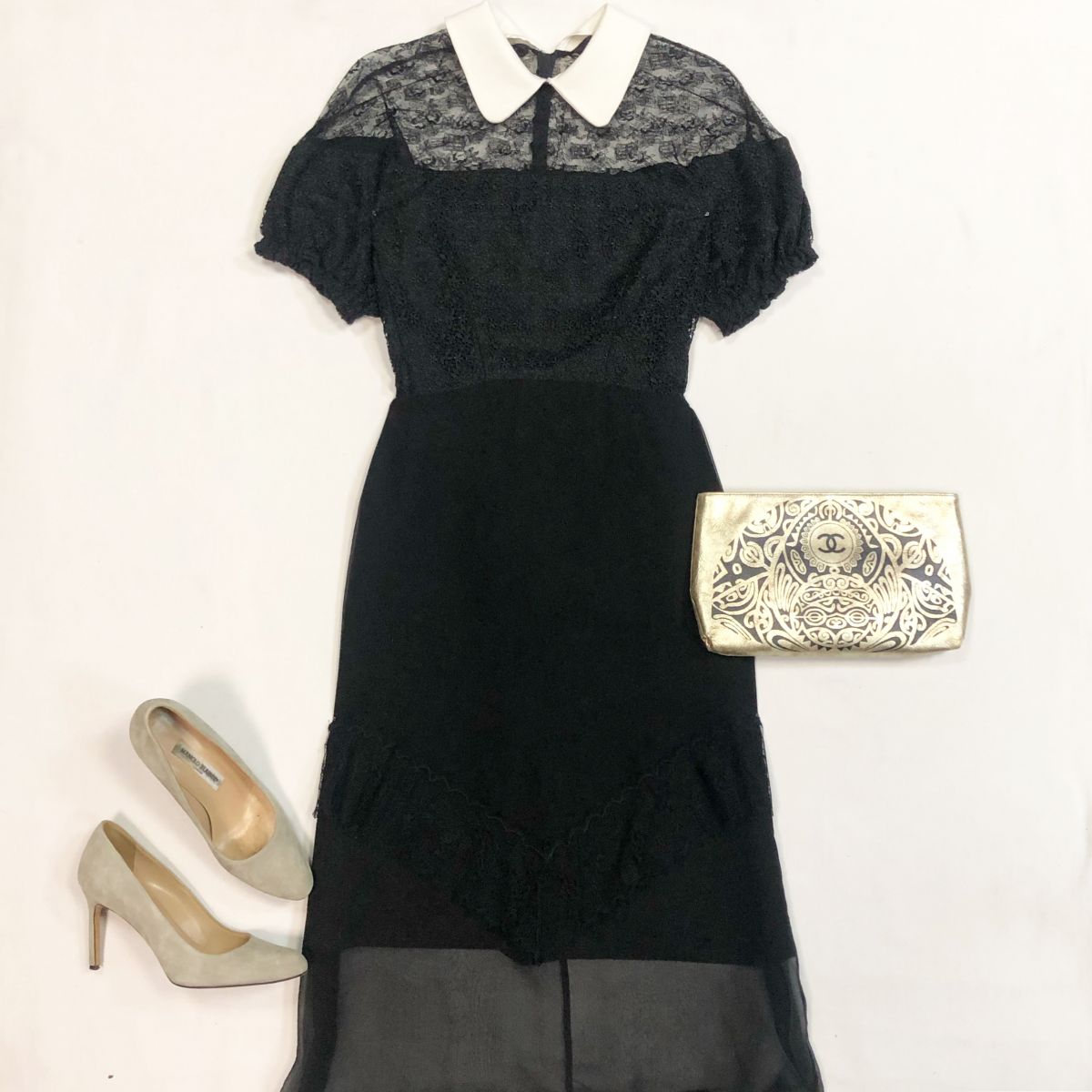 Платье/шитьё/ ROCHAS  размер 44 цена 15 385 рубТуфли MANOLO BLAHNIK  размер 38 цена 15 385 рубКлатч CHANEL 