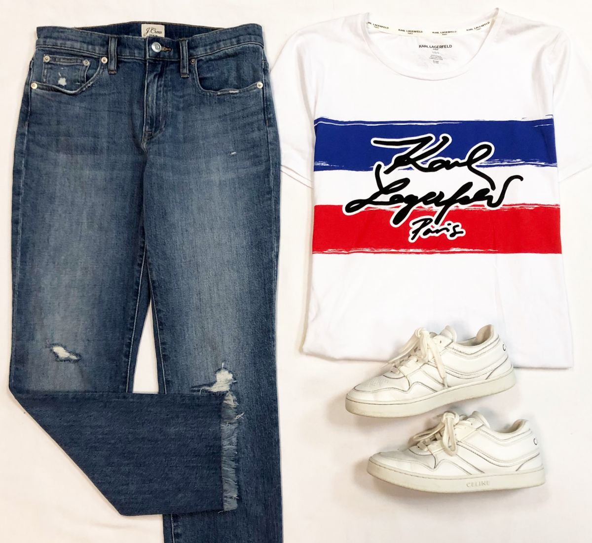 Джинсы J Crew размер 26 цена 3 077 рубФутболка Karl LAGERFELD размер L цена 3 077 рубКроссовки Celine размер 37 цена 15 385 руб