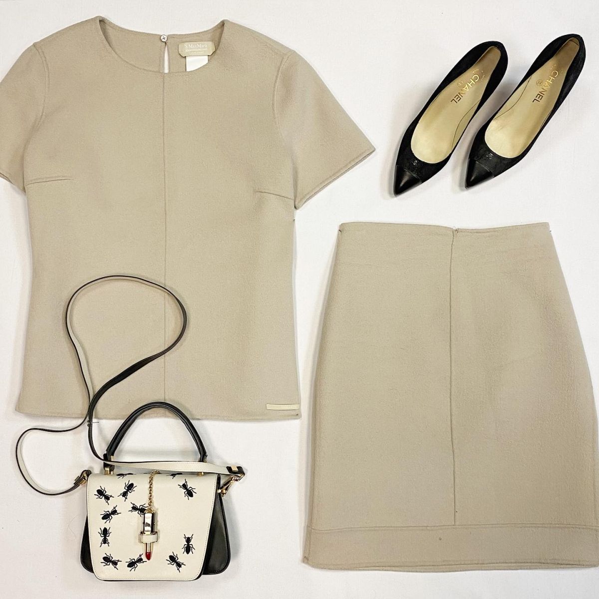 Костюм Max Mara размер 44 цена 23 078 рубТуфли Chanel размер 39 цена 15 385 рубСумка Giancarlo Petrigli